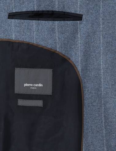 Koyu Mavi Slim Fit Çizgili Yün Kaşmir Karışımlı Takım Elbise