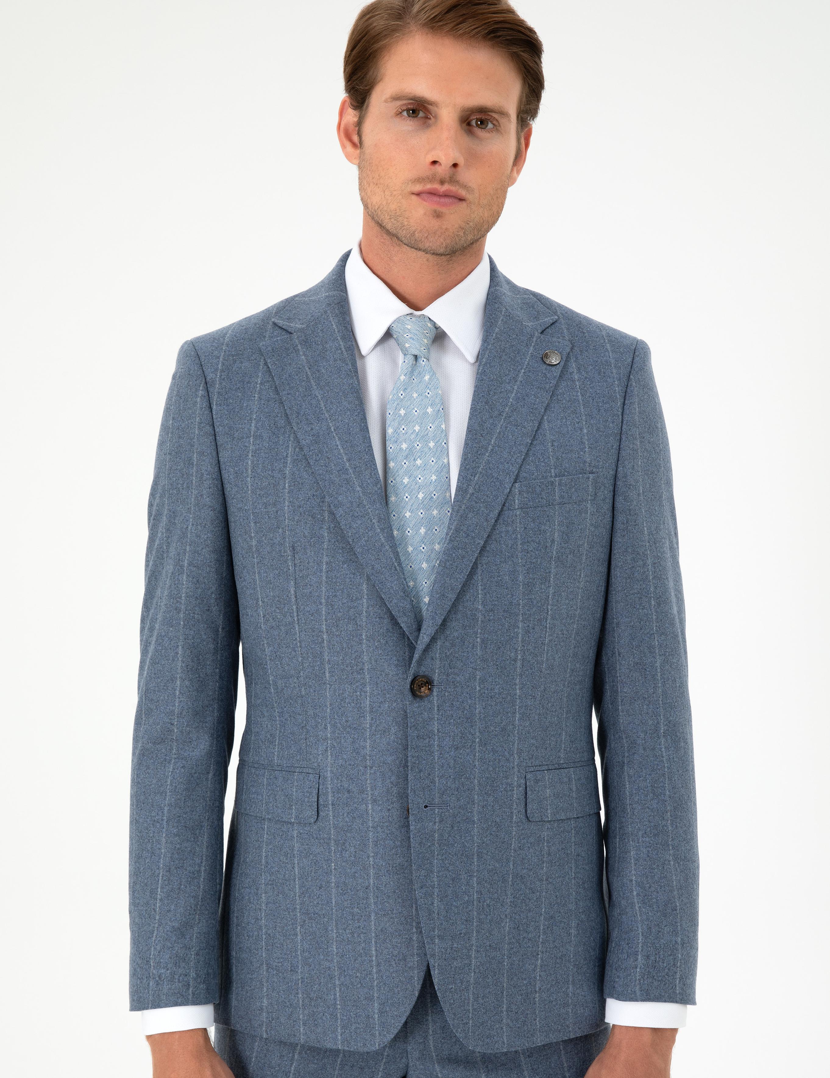 Koyu Mavi Slim Fit Çizgili Yün Kaşmir Karışımlı Takım Elbise