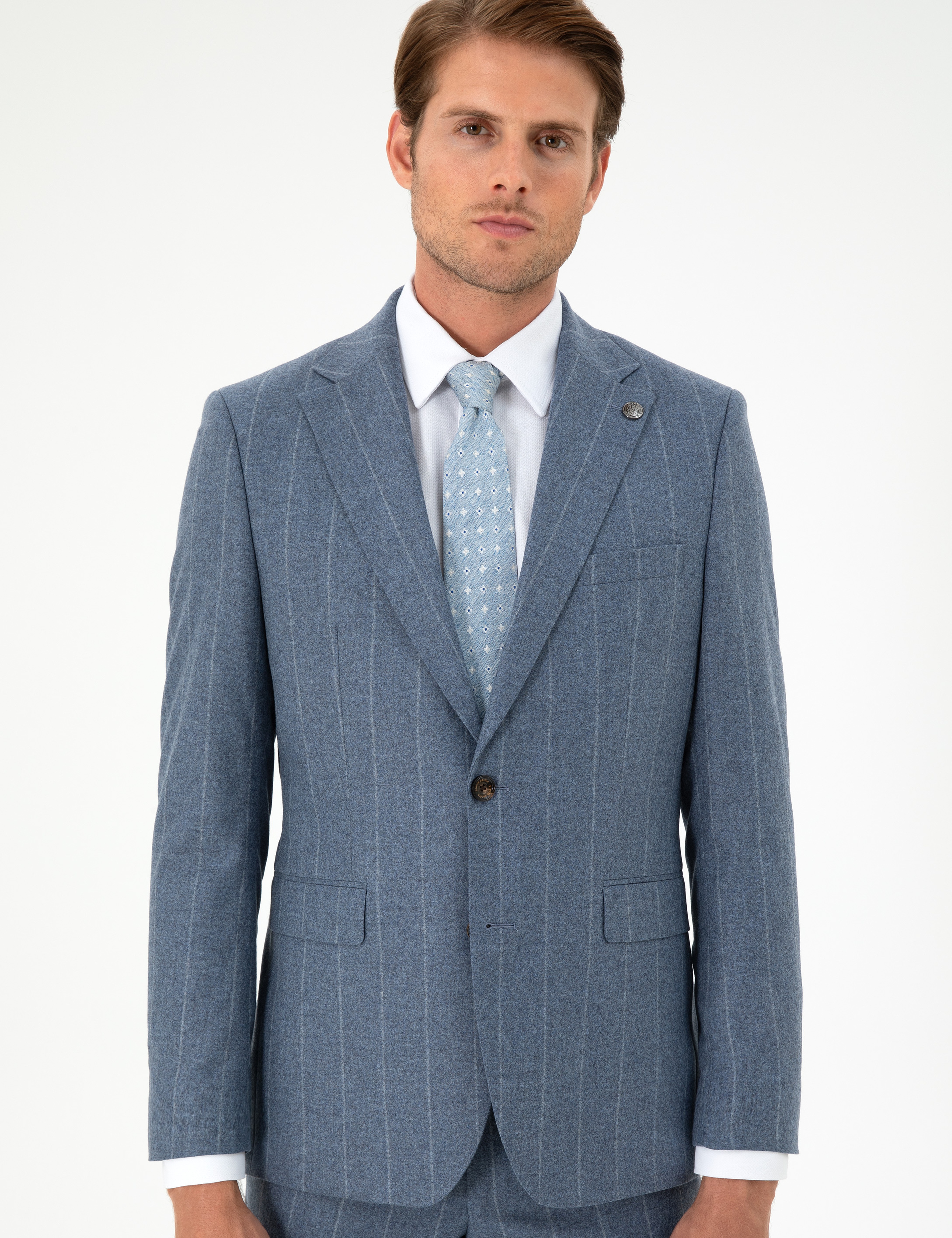 Koyu Mavi Slim Fit Çizgili Yün Kaşmir Karışımlı Takım Elbise