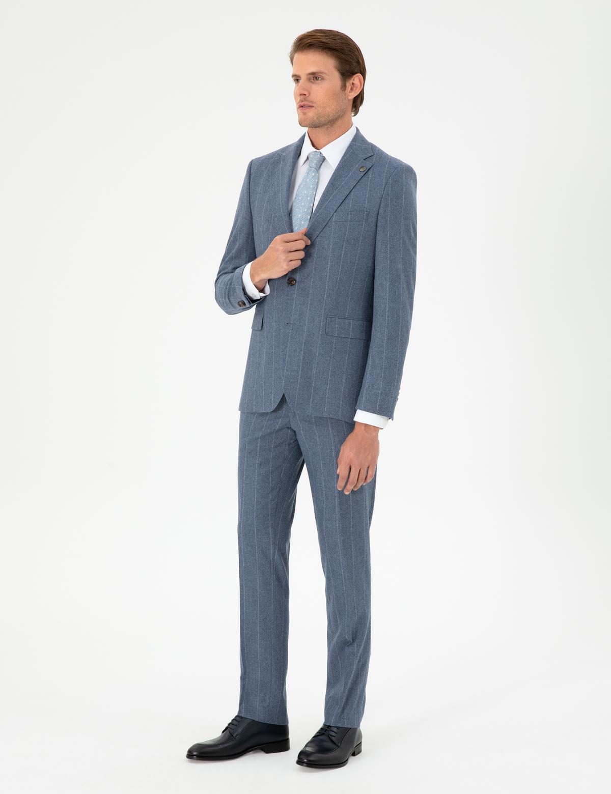 Koyu Mavi Slim Fit Çizgili Yün Kaşmir Karışımlı Takım Elbise - 50291986011