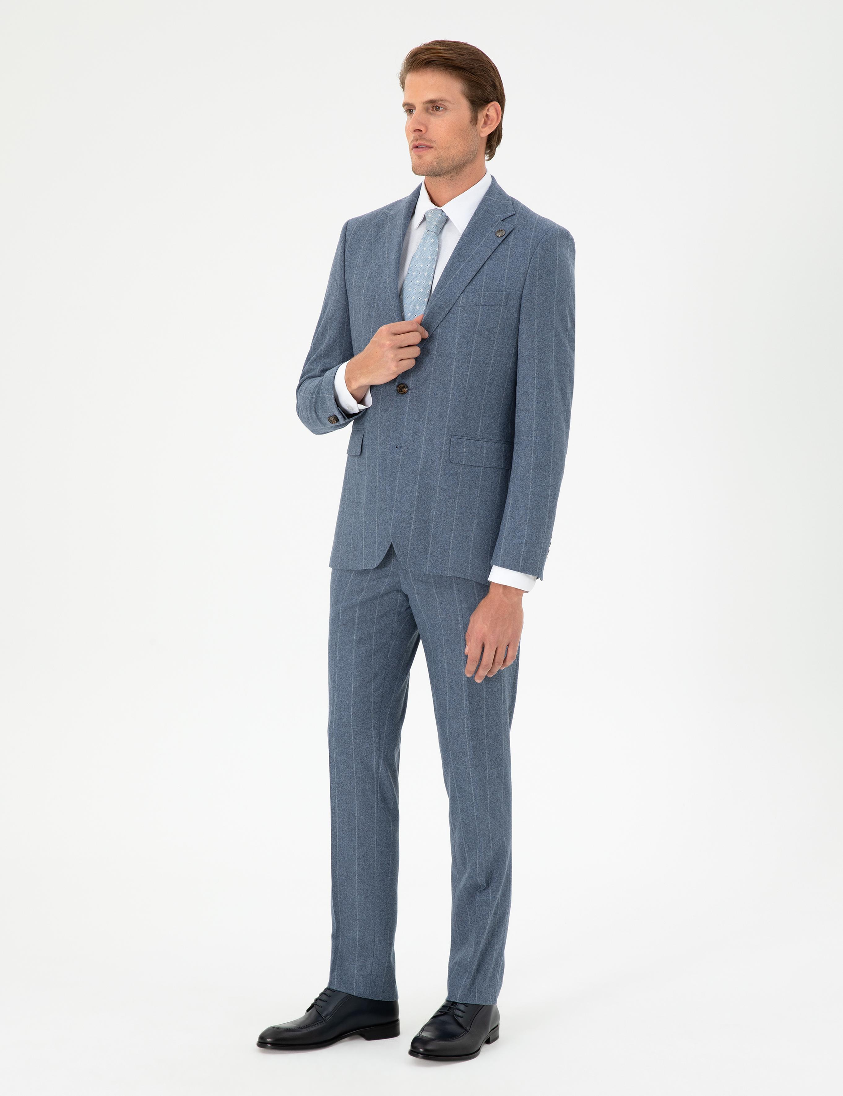 Koyu Mavi Slim Fit Çizgili Yün Kaşmir Karışımlı Takım Elbise