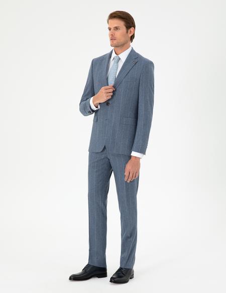 Koyu Mavi Slim Fit Çizgili Yün Kaşmir Karışımlı Takım Elbise - 50291986011