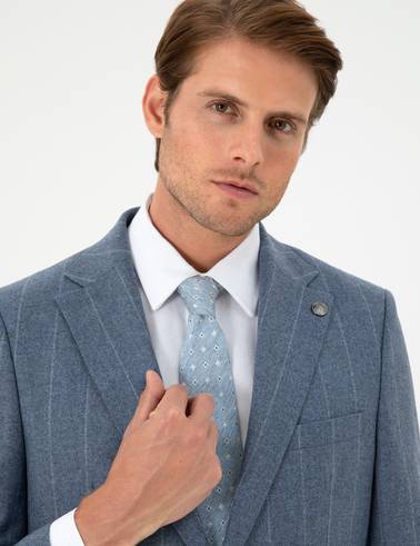 Koyu Mavi Slim Fit Çizgili Yün Kaşmir Karışımlı Takım Elbise