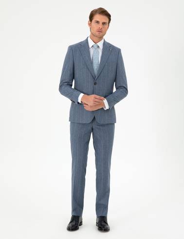 Koyu Mavi Slim Fit Çizgili Yün Kaşmir Karışımlı Takım Elbise