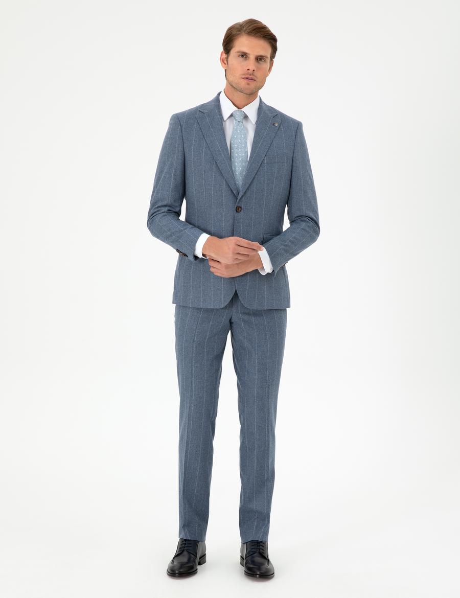 Koyu Mavi Slim Fit Çizgili Yün Kaşmir Karışımlı Takım Elbise