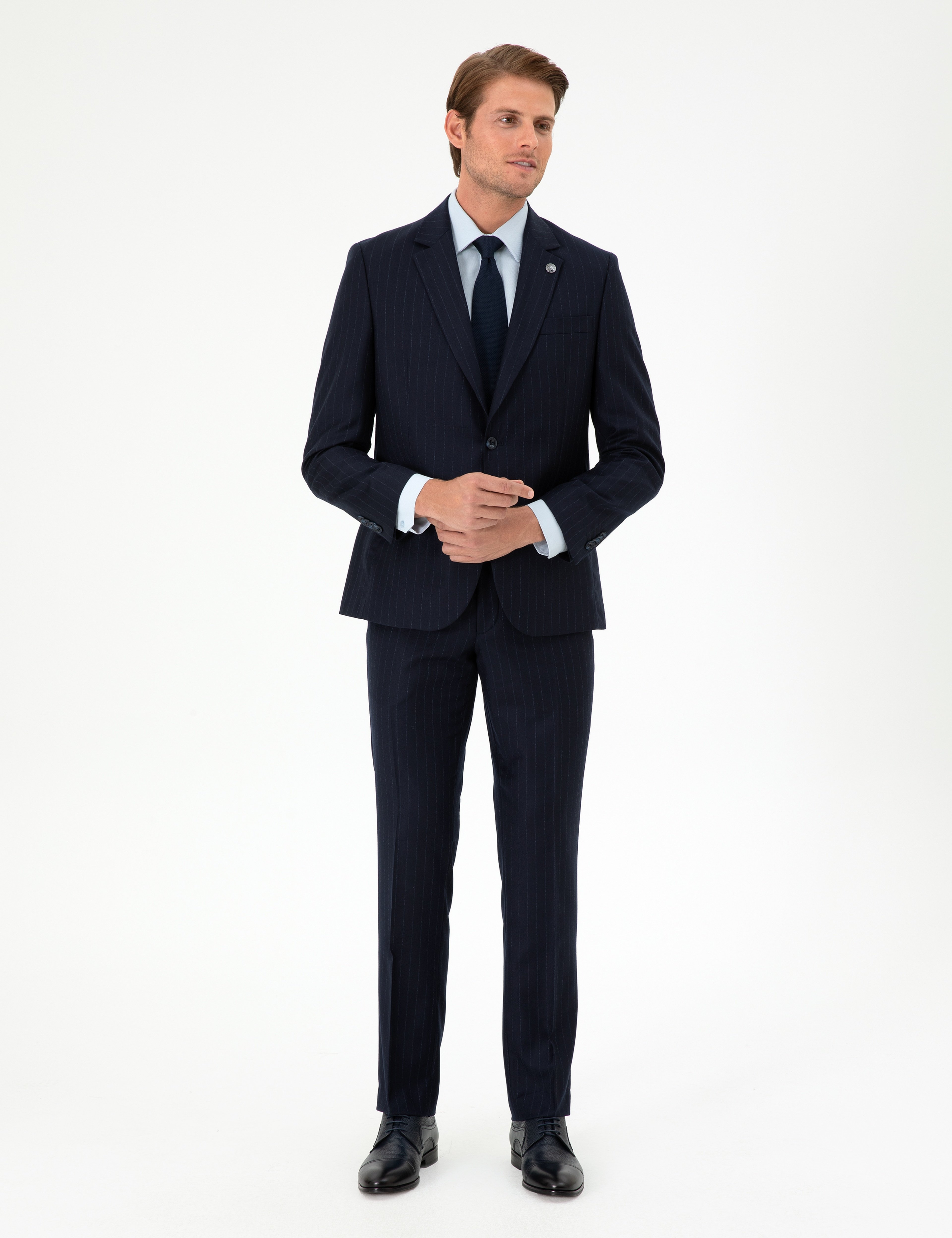 Lacivert Slim Fit Çizgili Yün Takım Elbise - Image 1