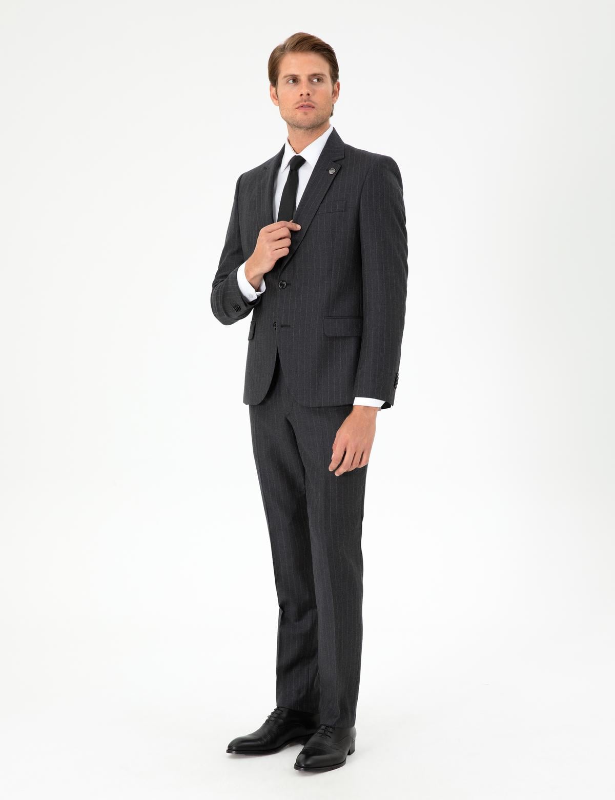 Antrasit Slim Fit Çizgili Yün Takım Elbise - 50291959014