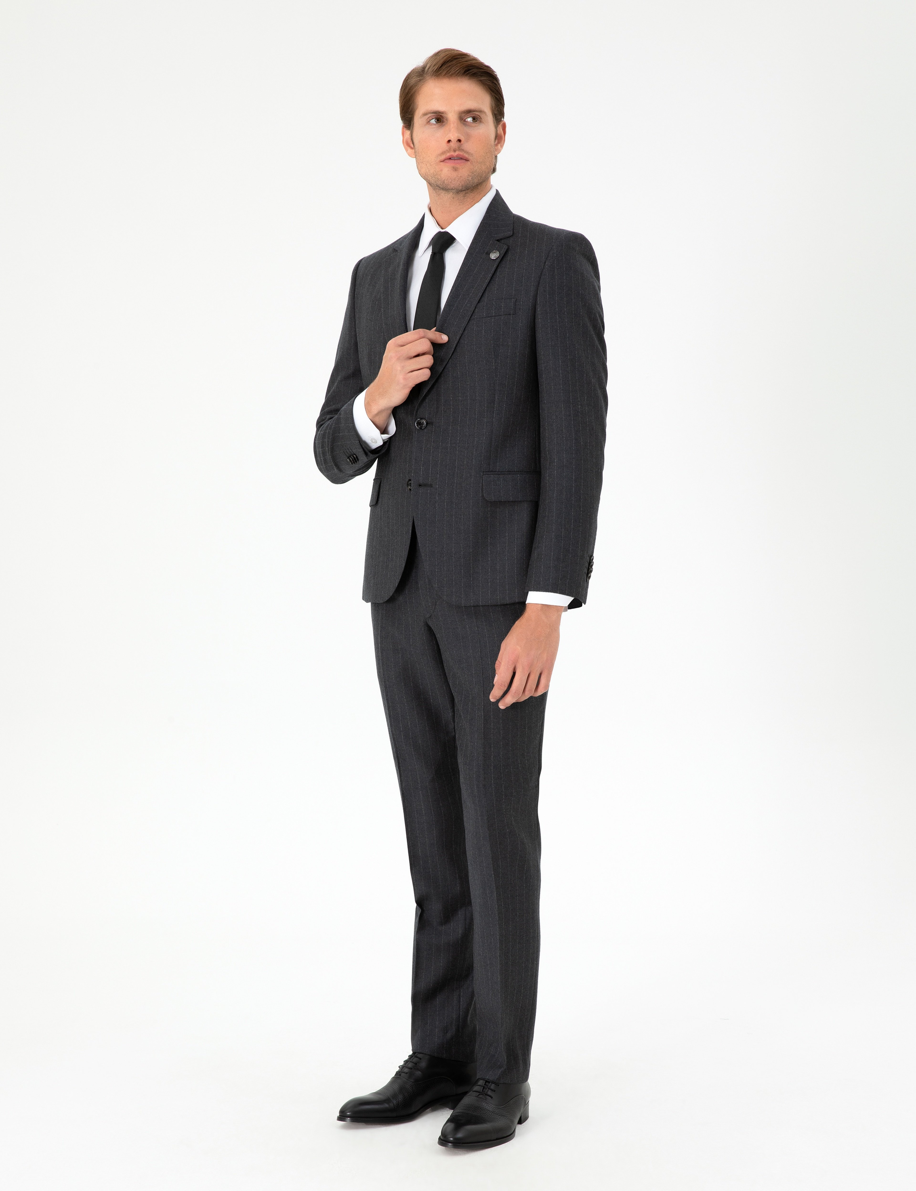 Antrasit Slim Fit Çizgili Yün Takım Elbise - Image 4
