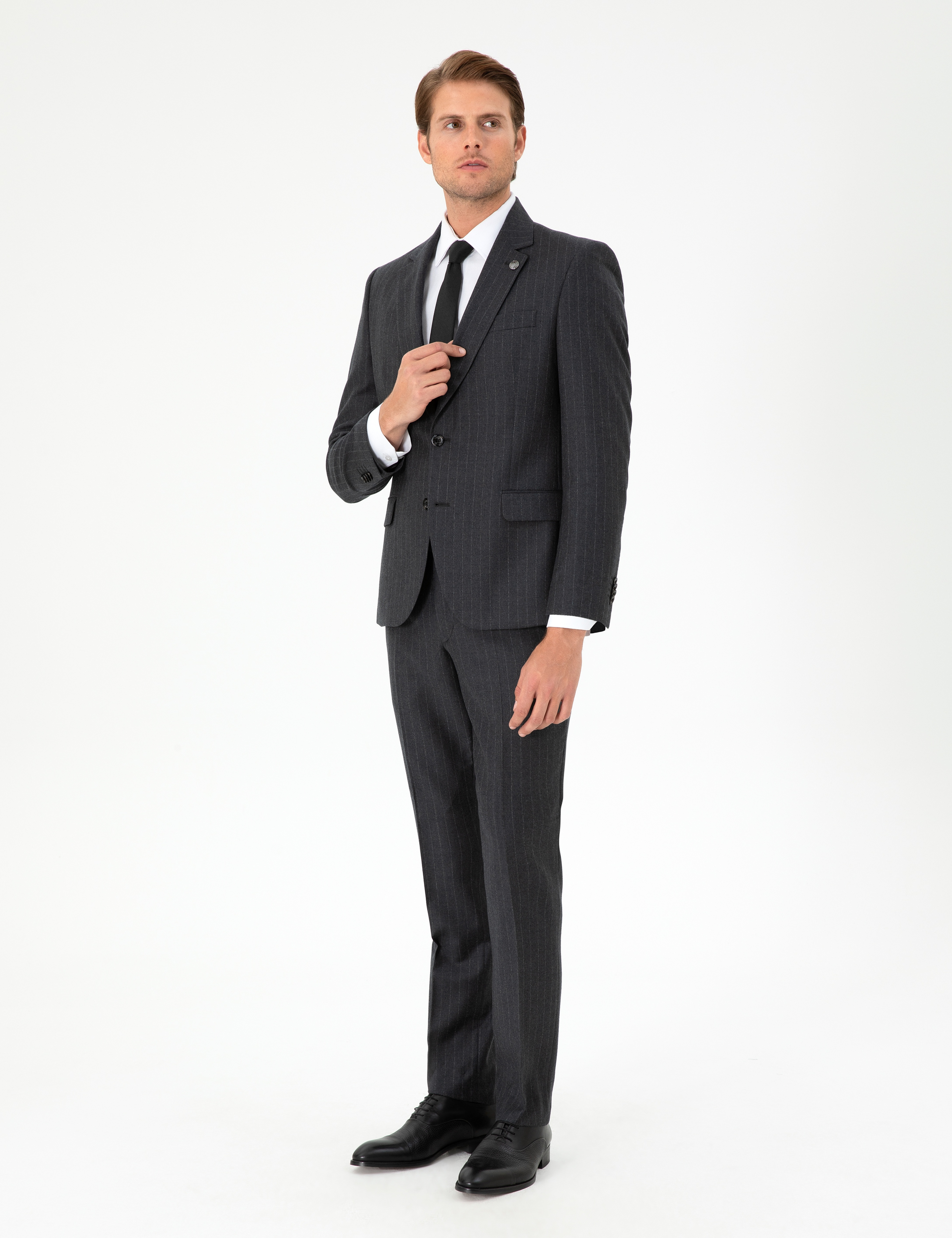 Antrasit Slim Fit Çizgili Yün Takım Elbise