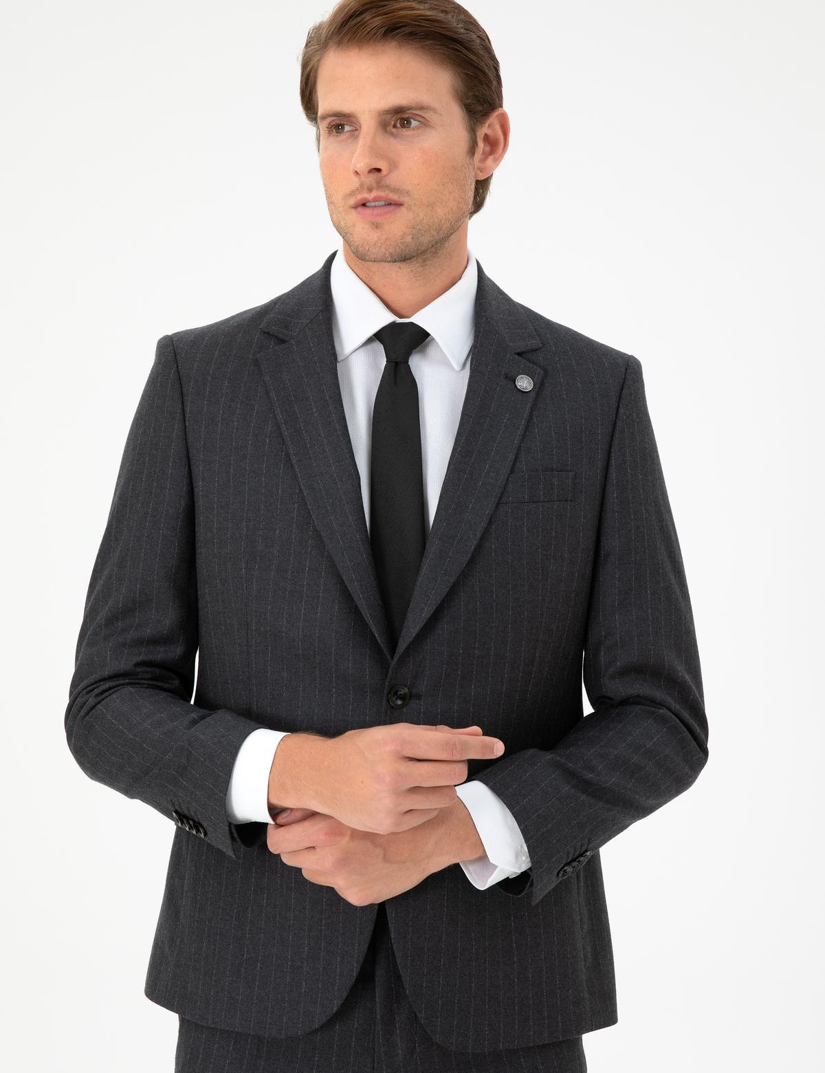 Antrasit Slim Fit Çizgili Yün Takım Elbise - 50291959014