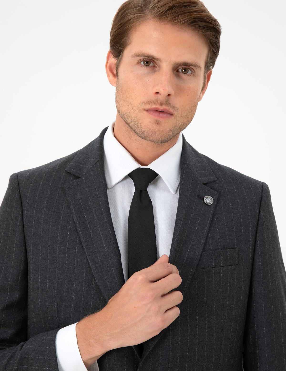 Antrasit Slim Fit Çizgili Yün Takım Elbise - 50291959014