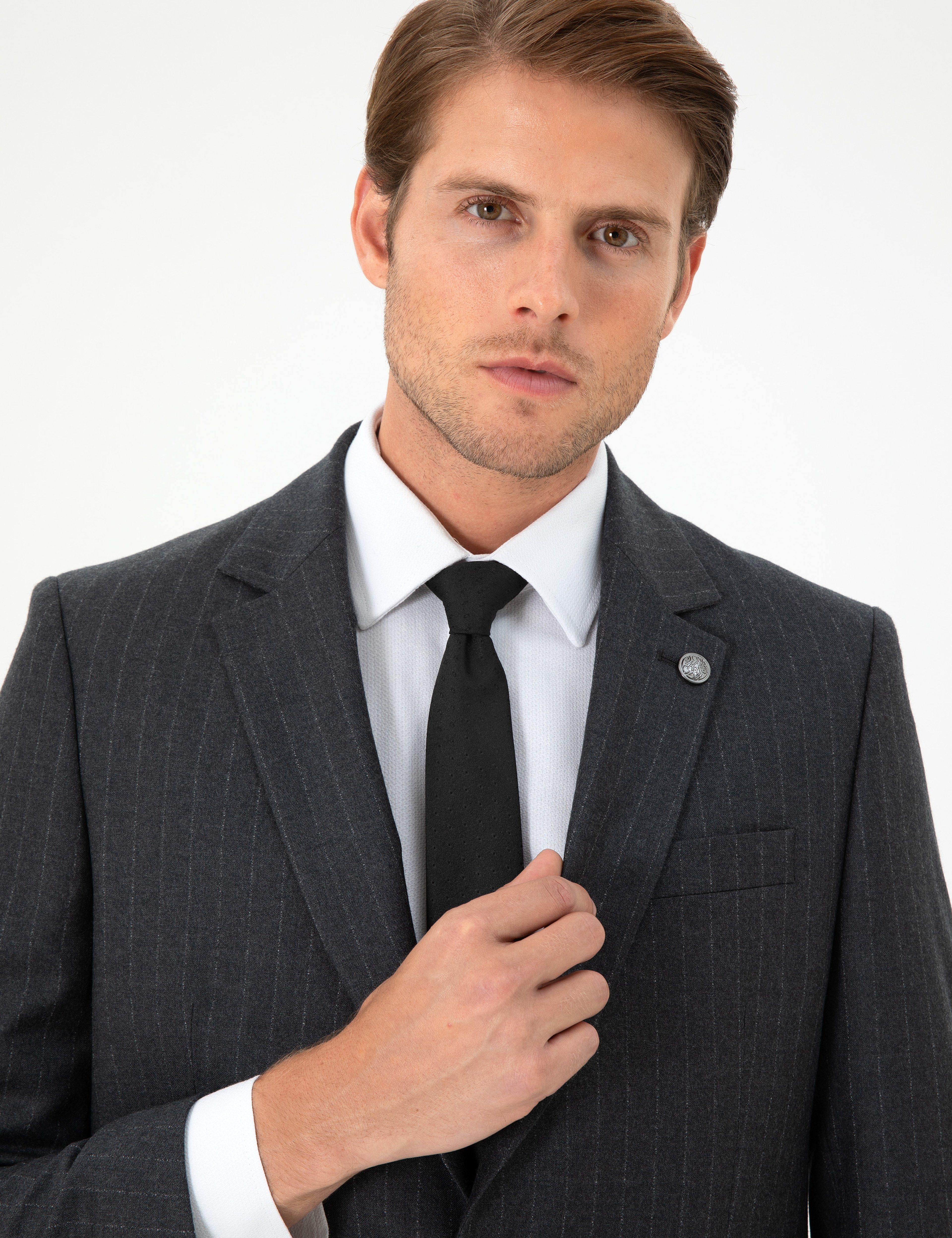 Antrasit Slim Fit Çizgili Yün Takım Elbise