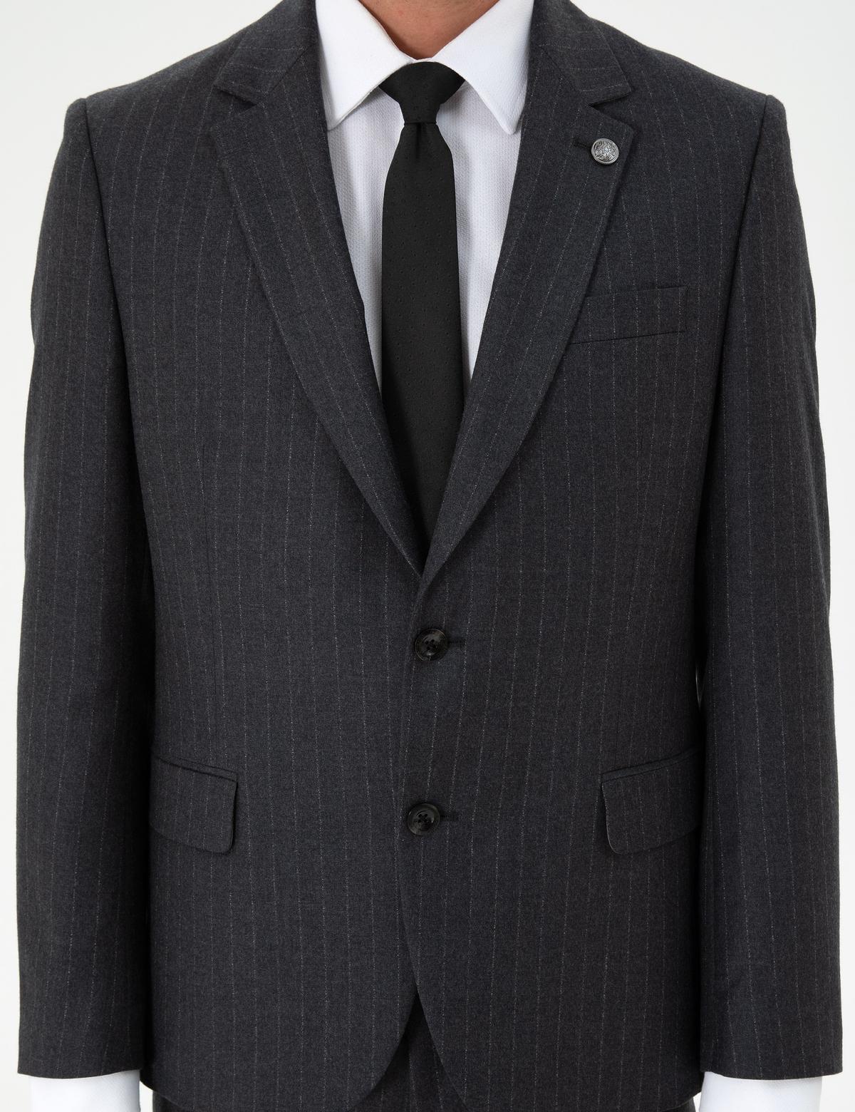 Antrasit Slim Fit Çizgili Yün Takım Elbise - 50291959014