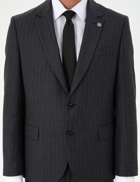 Antrasit Slim Fit Çizgili Yün Takım Elbise - 50291959014