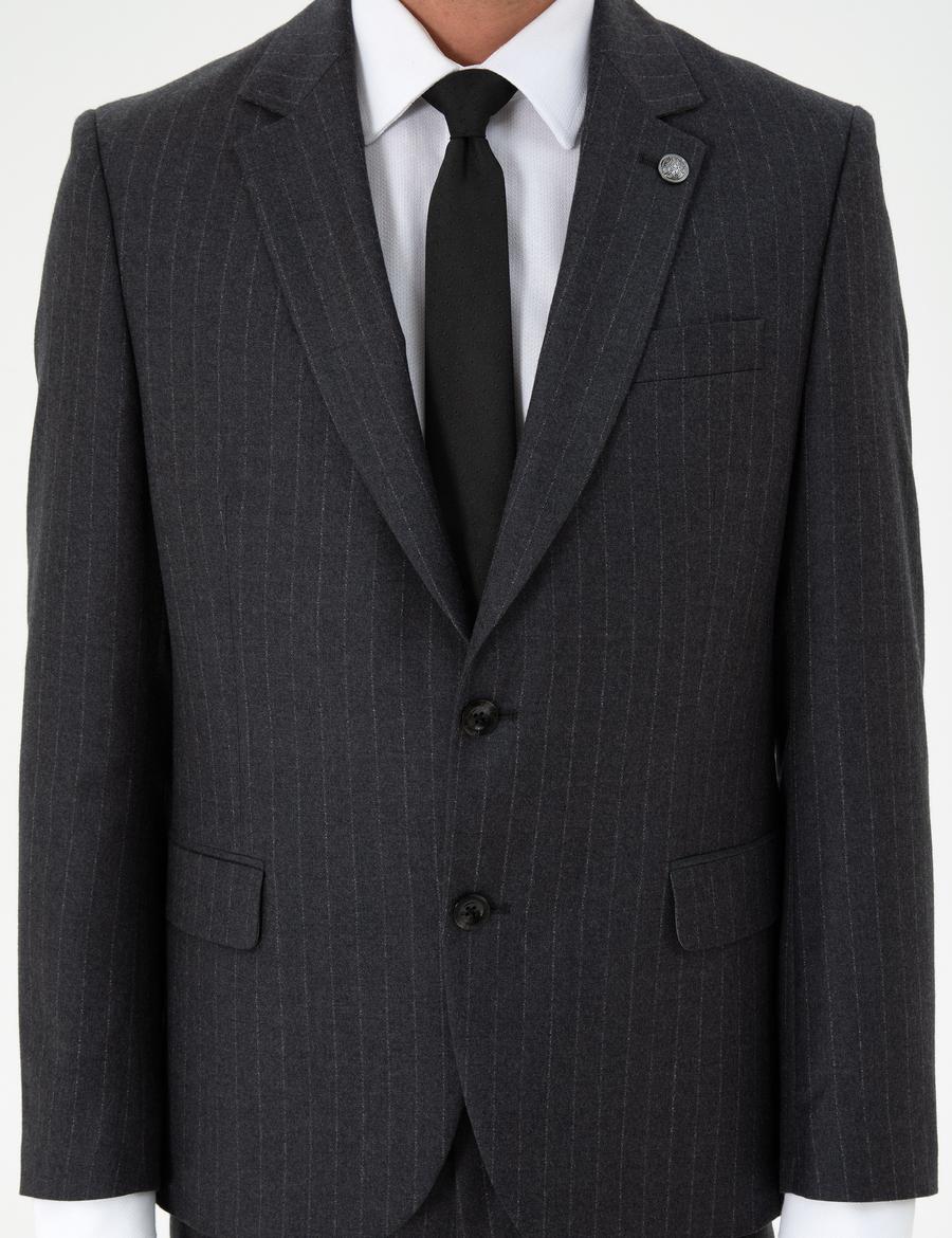 Antrasit Slim Fit Çizgili Yün Takım Elbise
