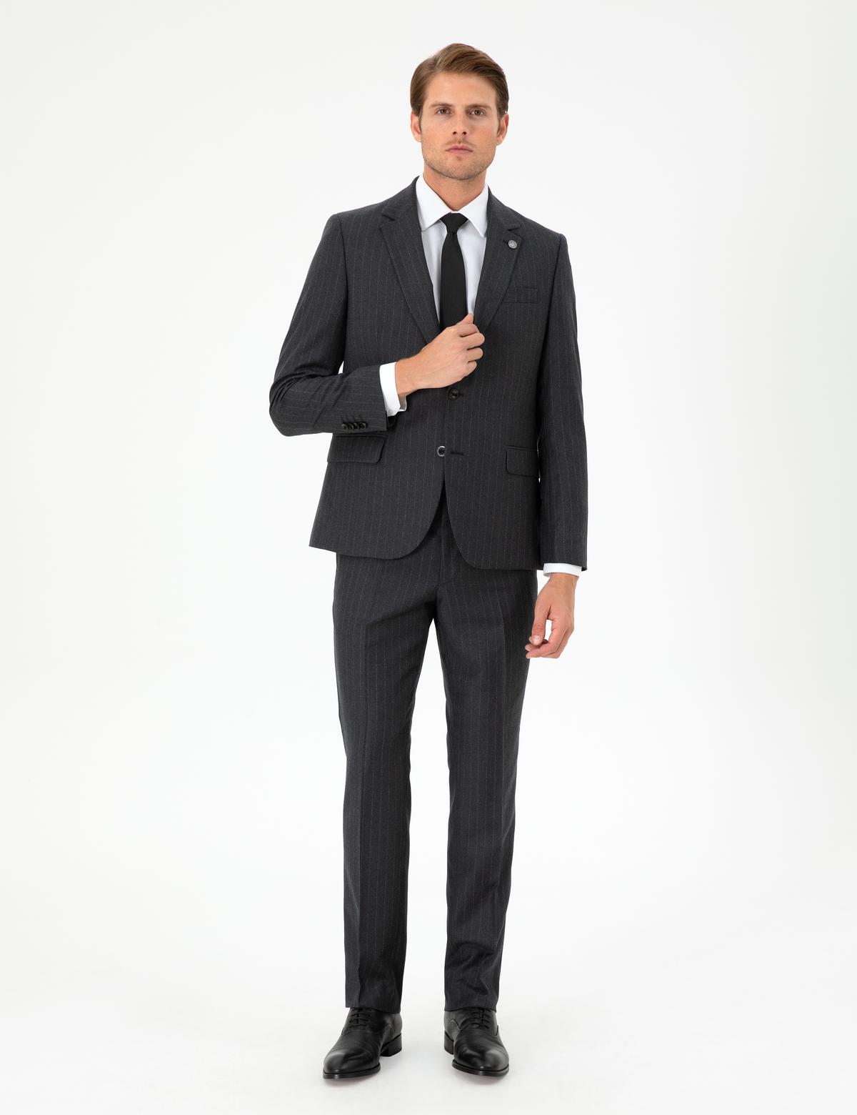 Antrasit Slim Fit Çizgili Yün Takım Elbise