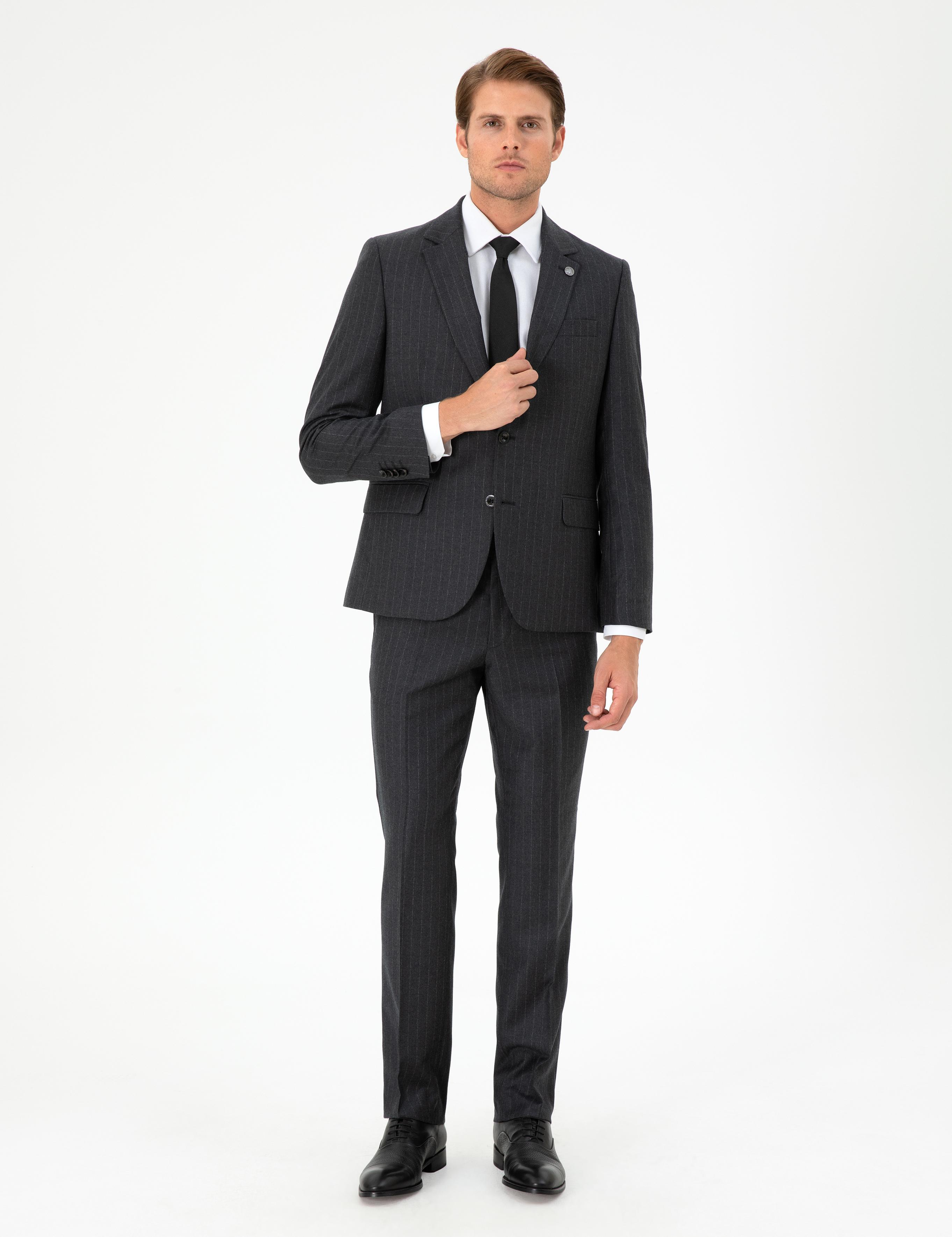 Antrasit Slim Fit Çizgili Yün Takım Elbise