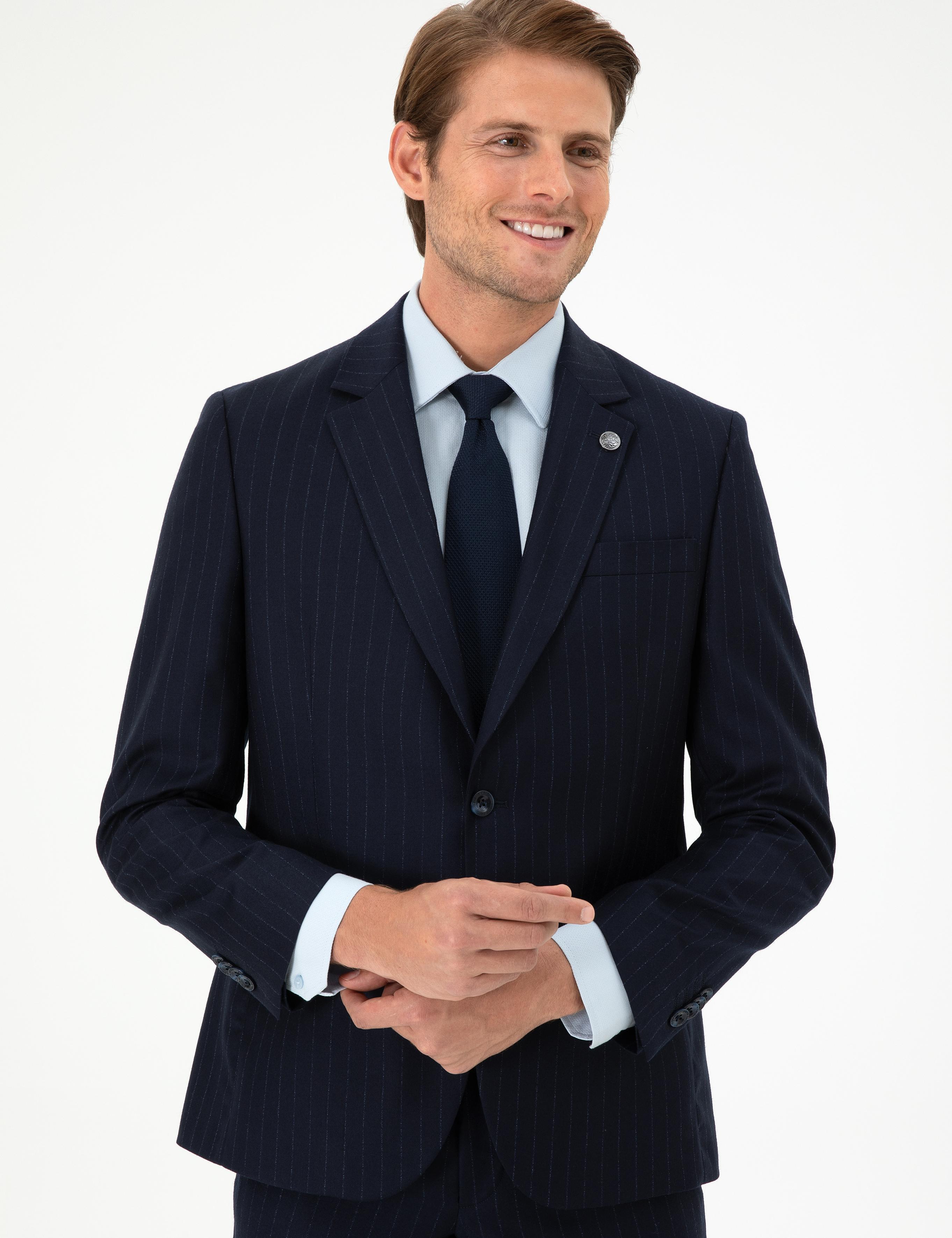 Lacivert Slim Fit Çizgili Yün Takım Elbise