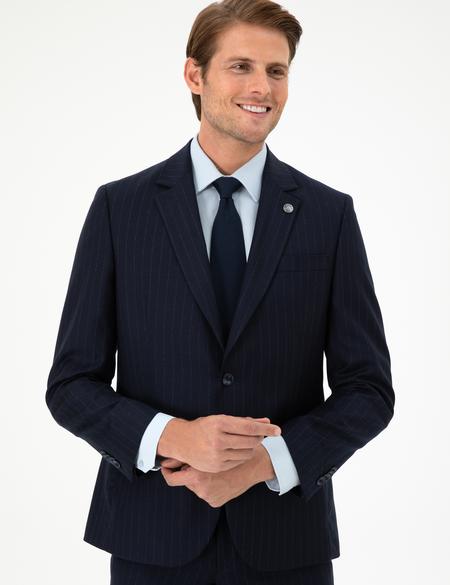 Lacivert Slim Fit Çizgili Yün Takım Elbise - 50291959053