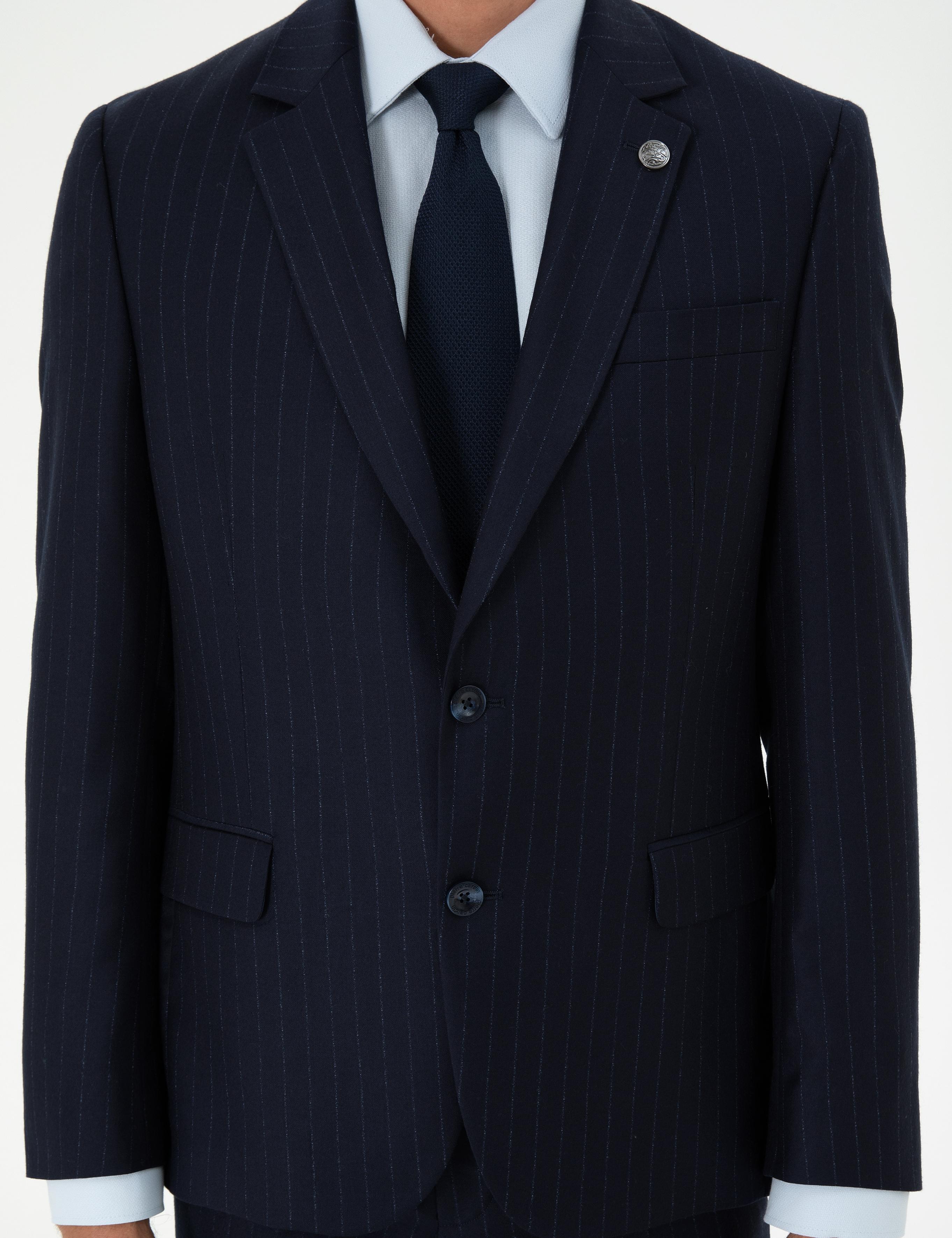 Lacivert Slim Fit Çizgili Yün Takım Elbise