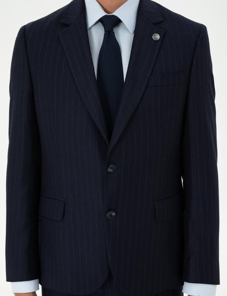 Lacivert Slim Fit Çizgili Yün Takım Elbise - 50291959053