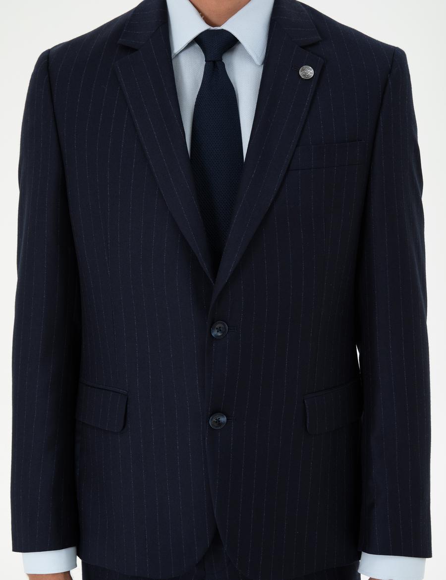 Lacivert Slim Fit Çizgili Yün Takım Elbise