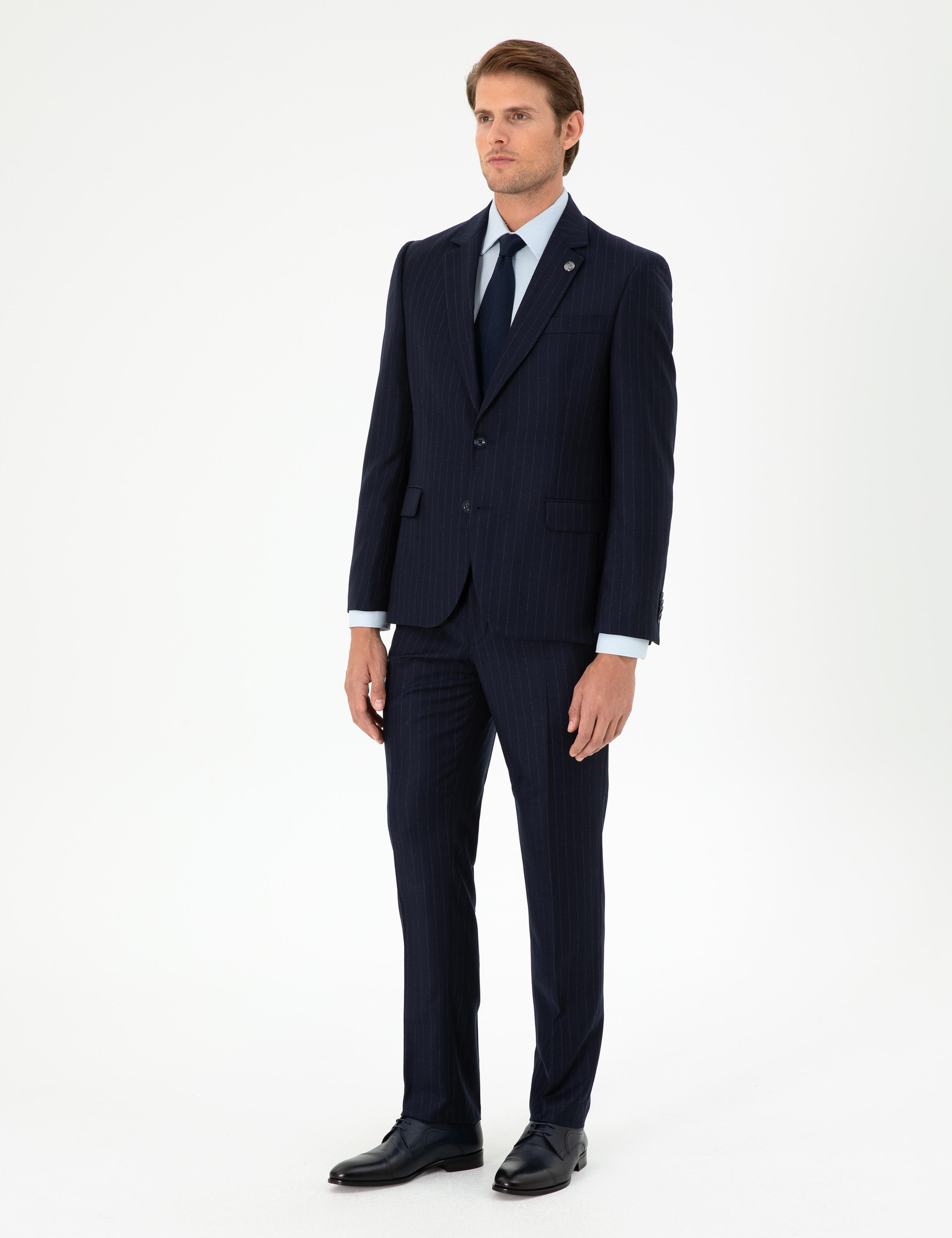 Lacivert Slim Fit Çizgili Yün Takım Elbise