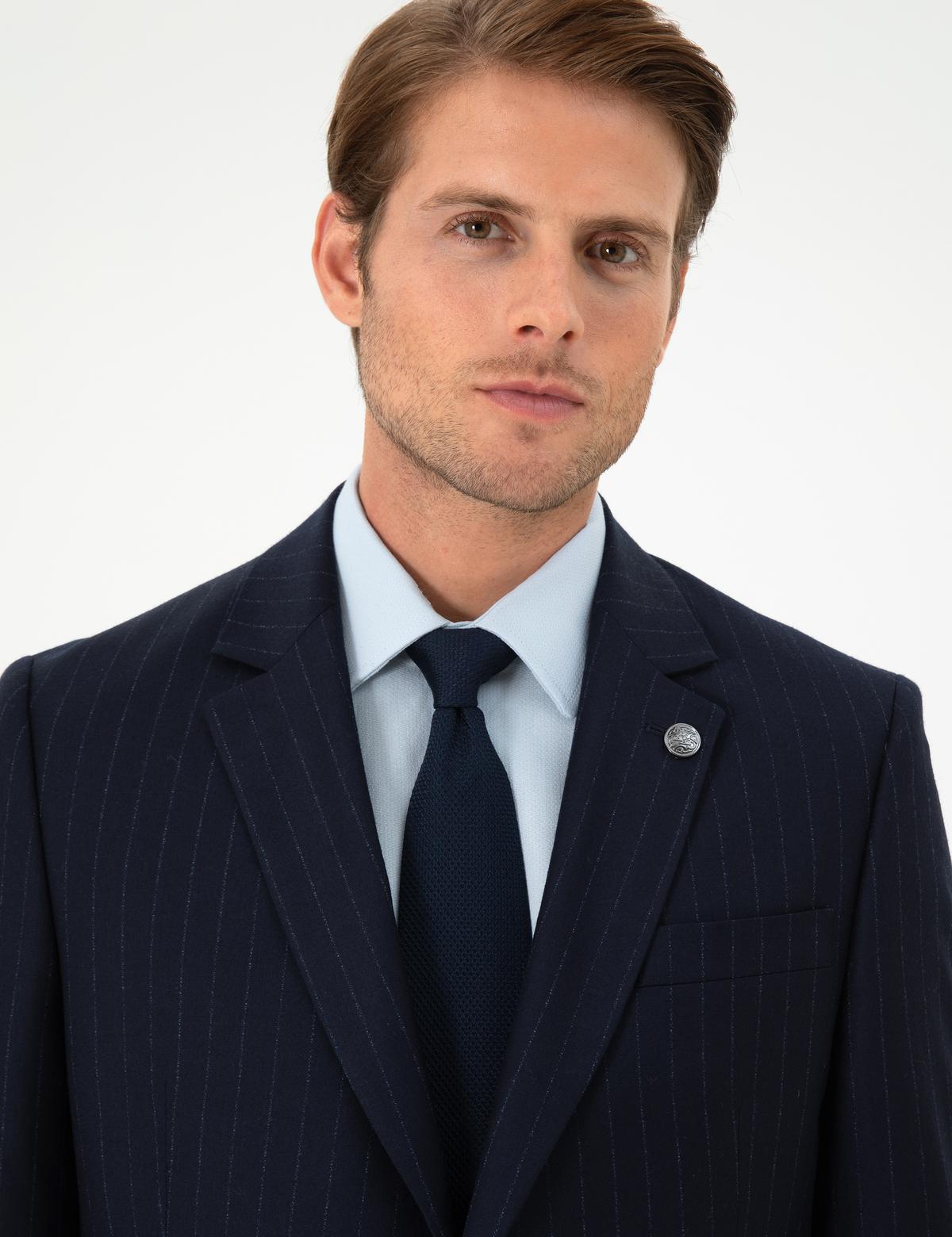 Lacivert Slim Fit Çizgili Yün Takım Elbise - 50291959053