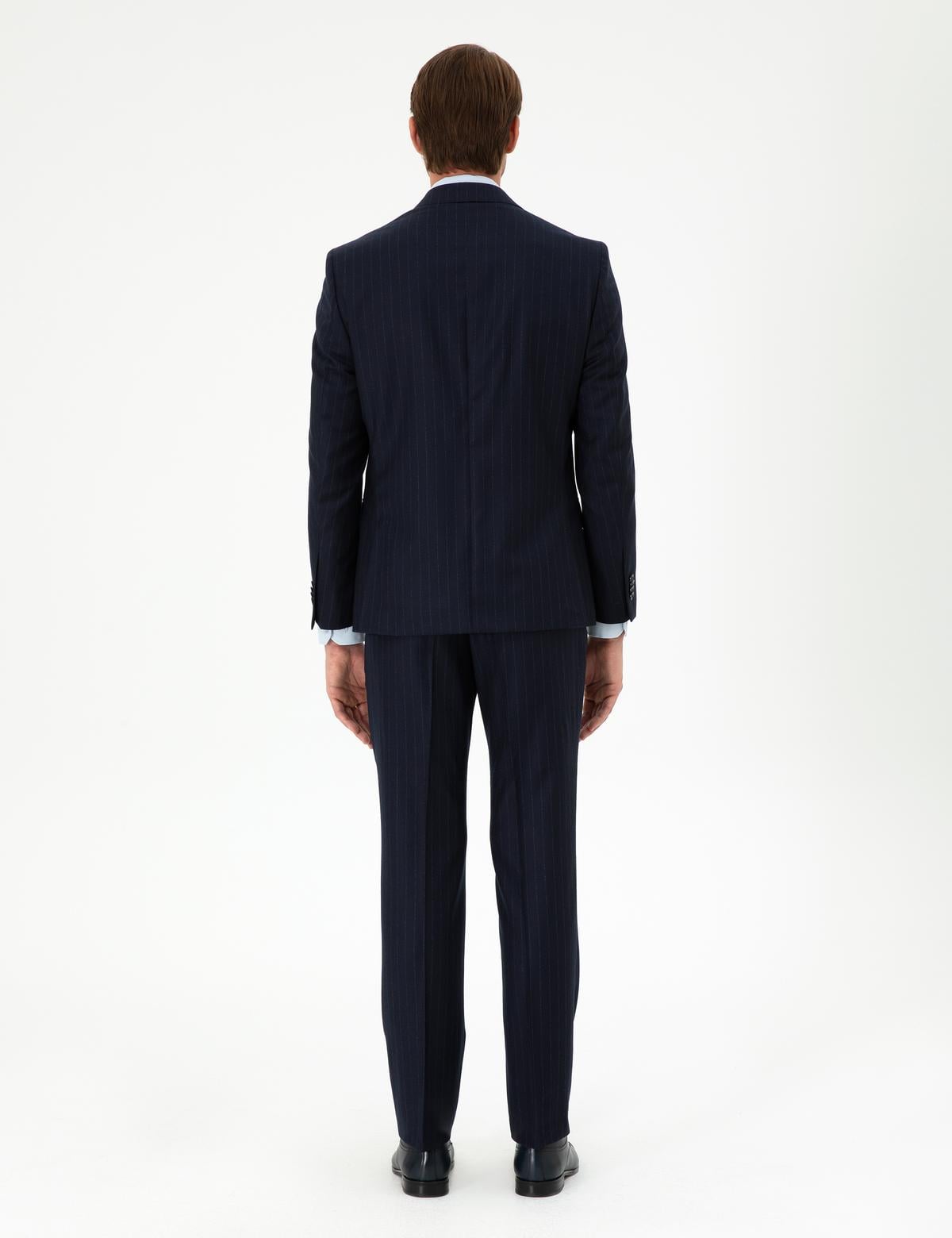 Lacivert Slim Fit Çizgili Yün Takım Elbise - 50291959053