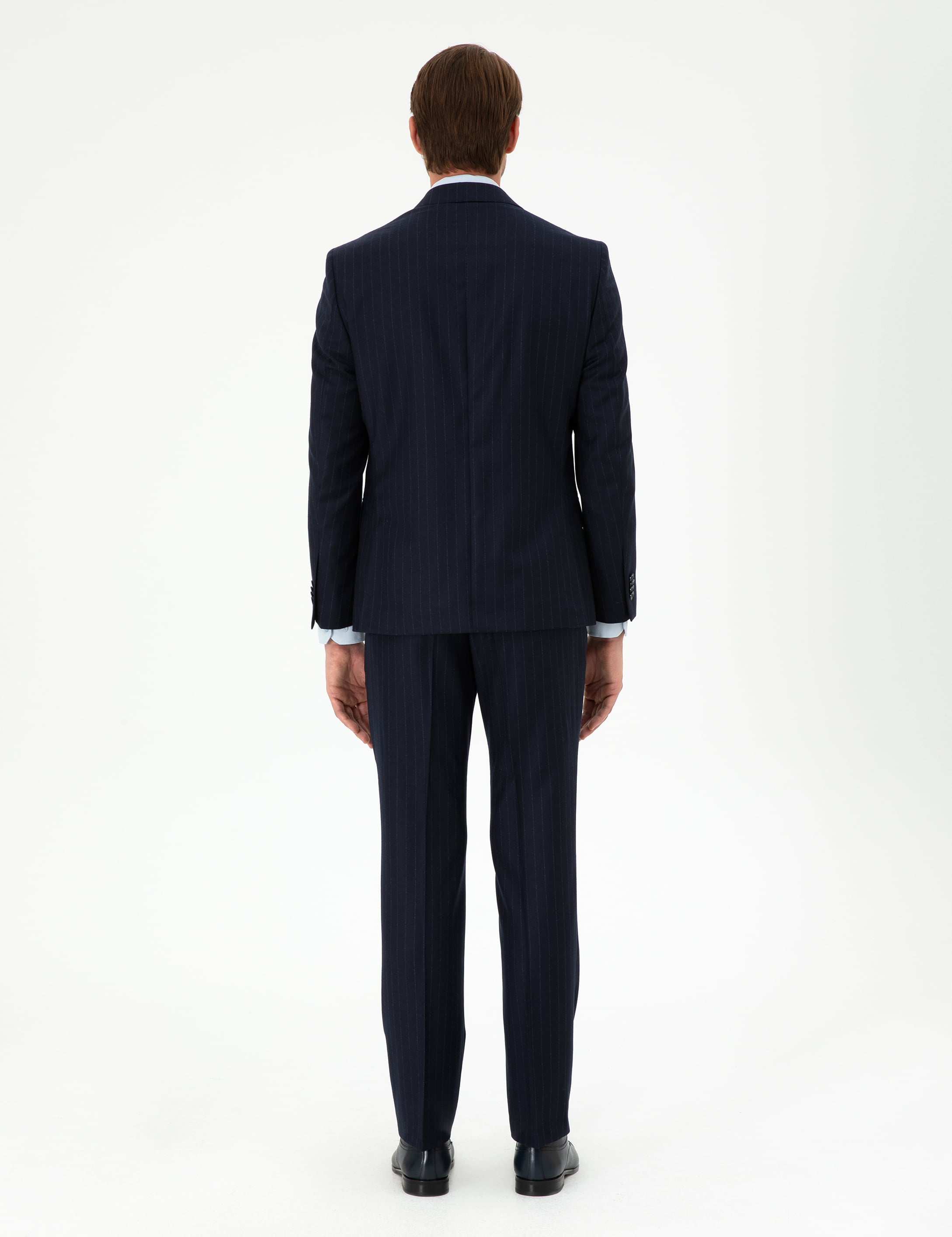 Lacivert Slim Fit Çizgili Yün Takım Elbise