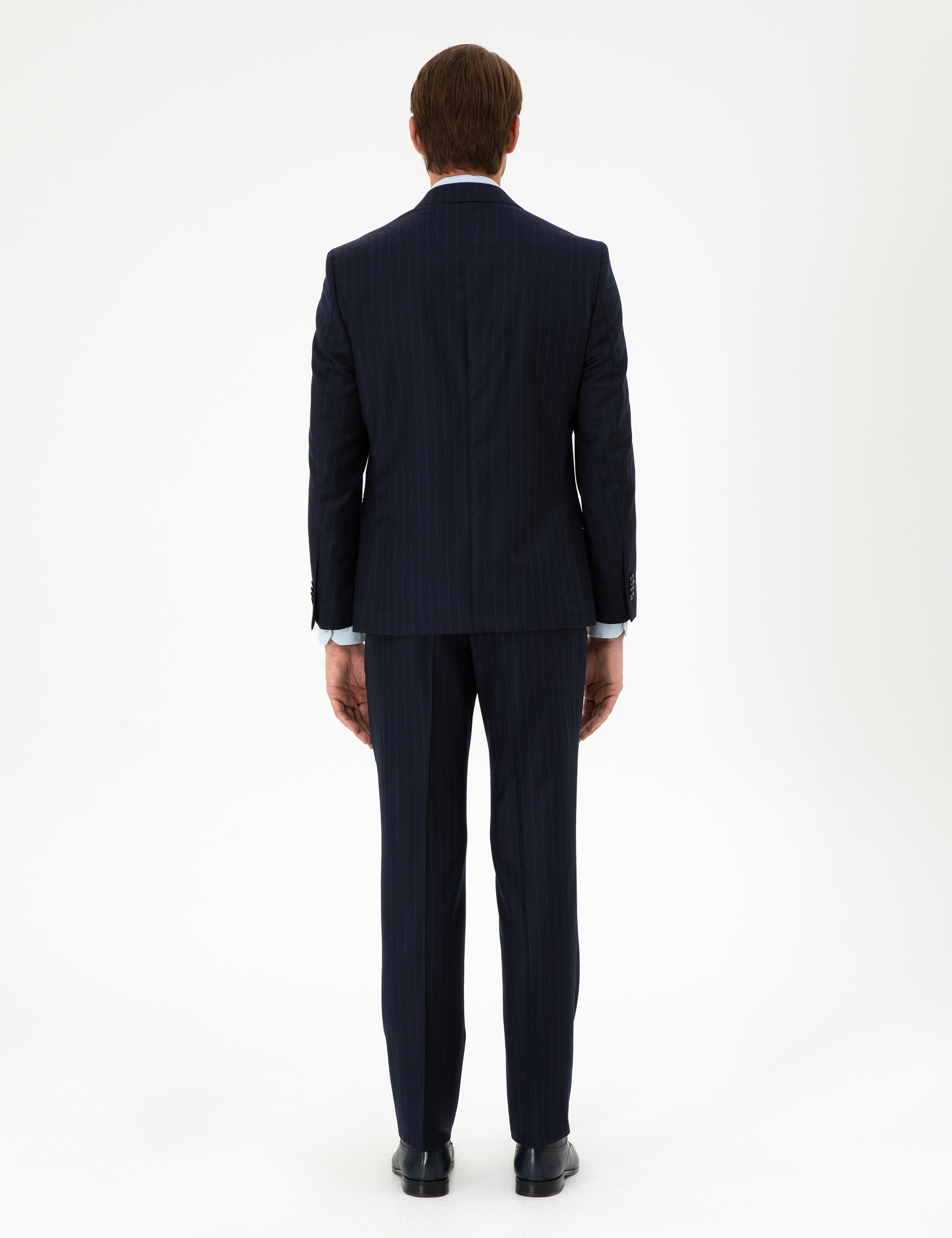 Lacivert Slim Fit Çizgili Yün Takım Elbise