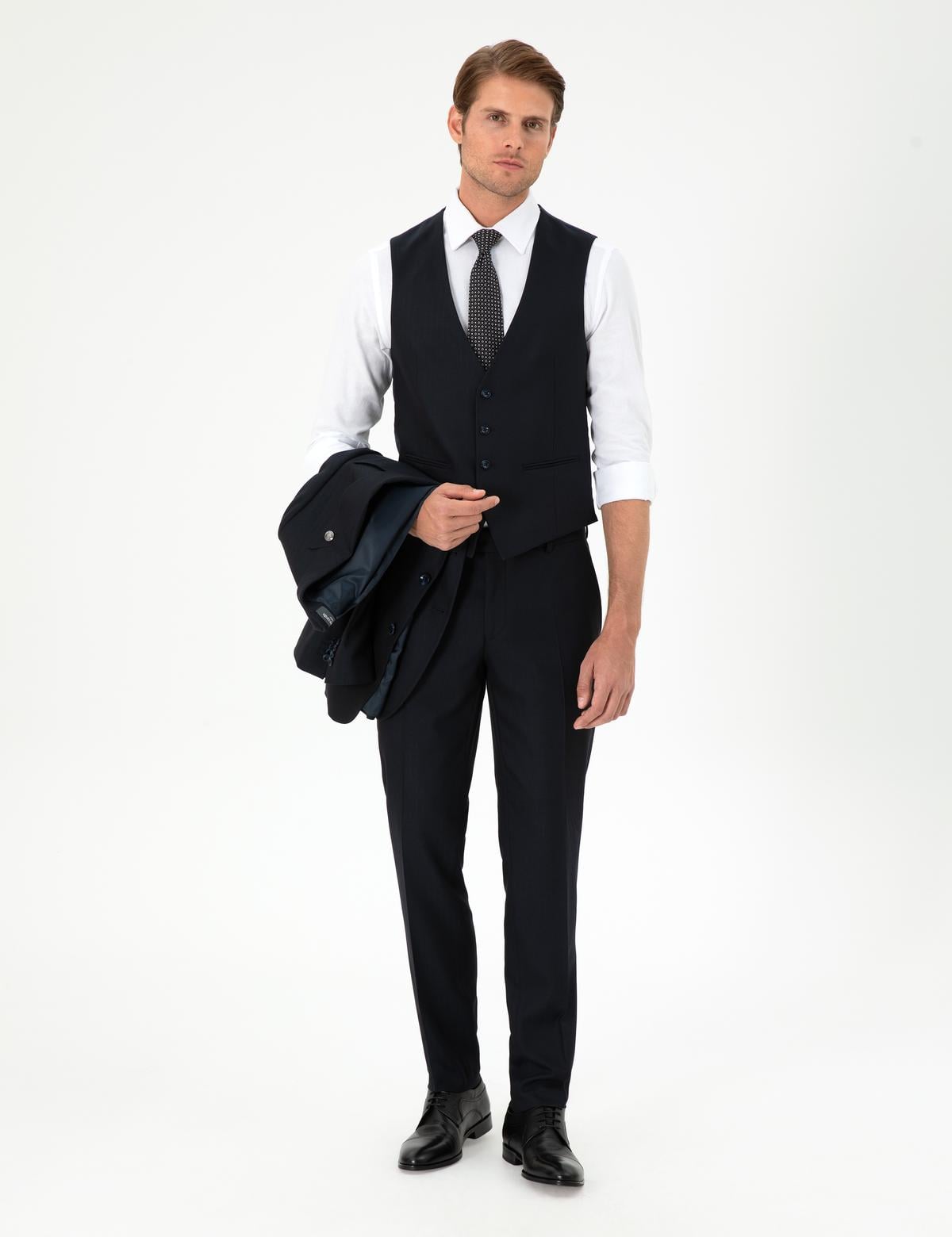 Lacivert Ex. Slim Fit Yelekli Takım Elbise - 50292195062