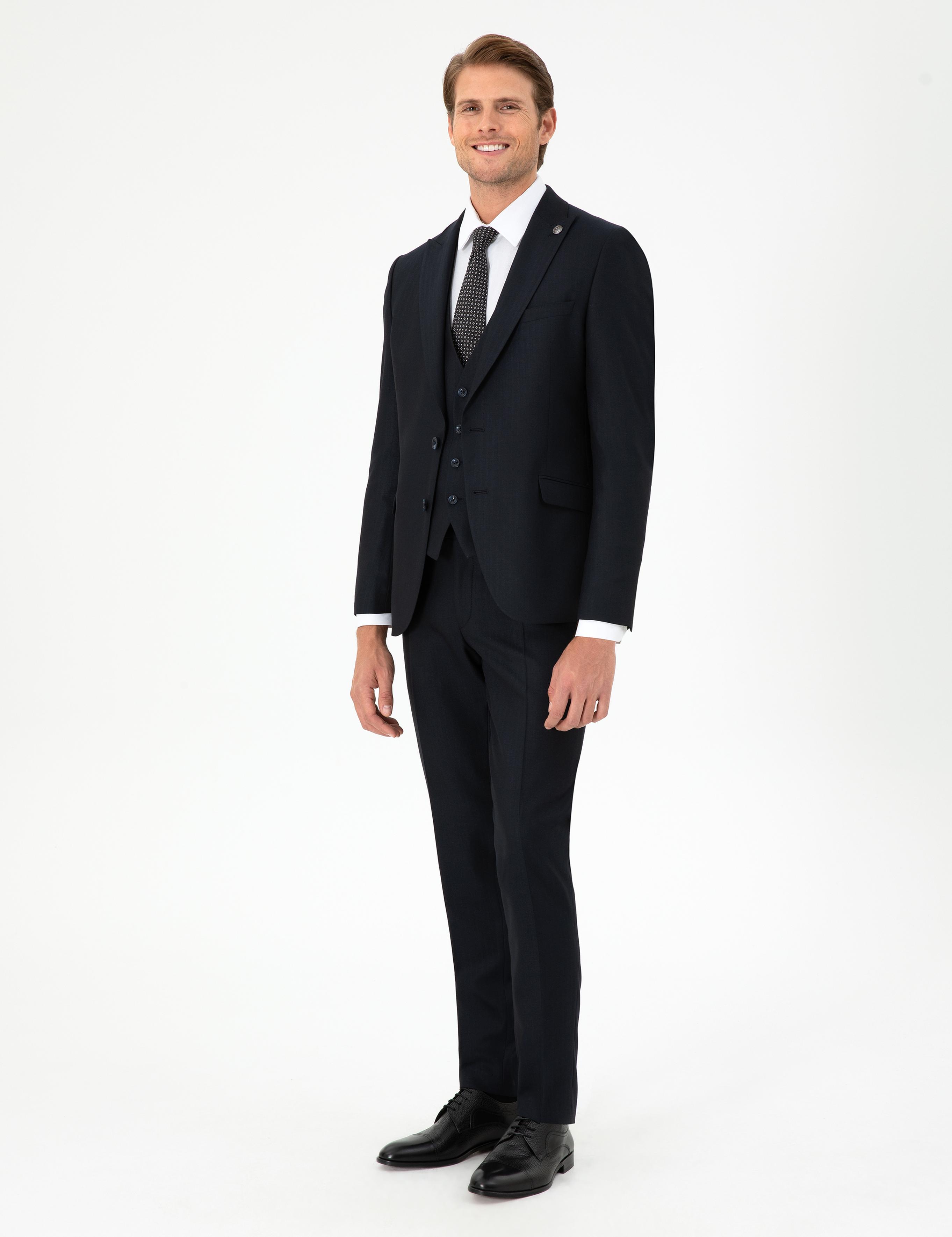 Lacivert Ex. Slim Fit Yelekli Takım Elbise