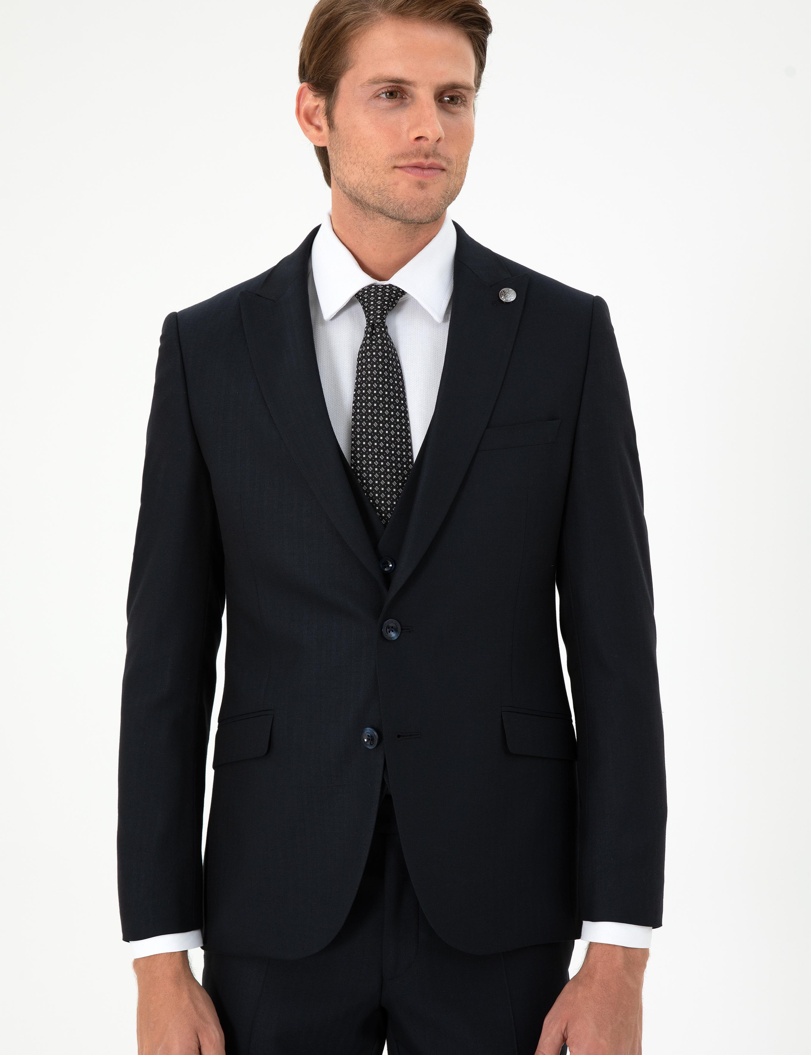 Lacivert Ex. Slim Fit Yelekli Takım Elbise