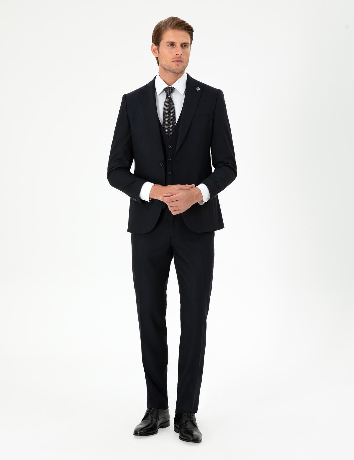 Lacivert Ex. Slim Fit Yelekli Takım Elbise