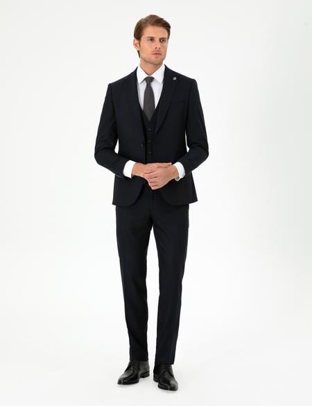 Lacivert Ex. Slim Fit Yelekli Takım Elbise - 50292195062