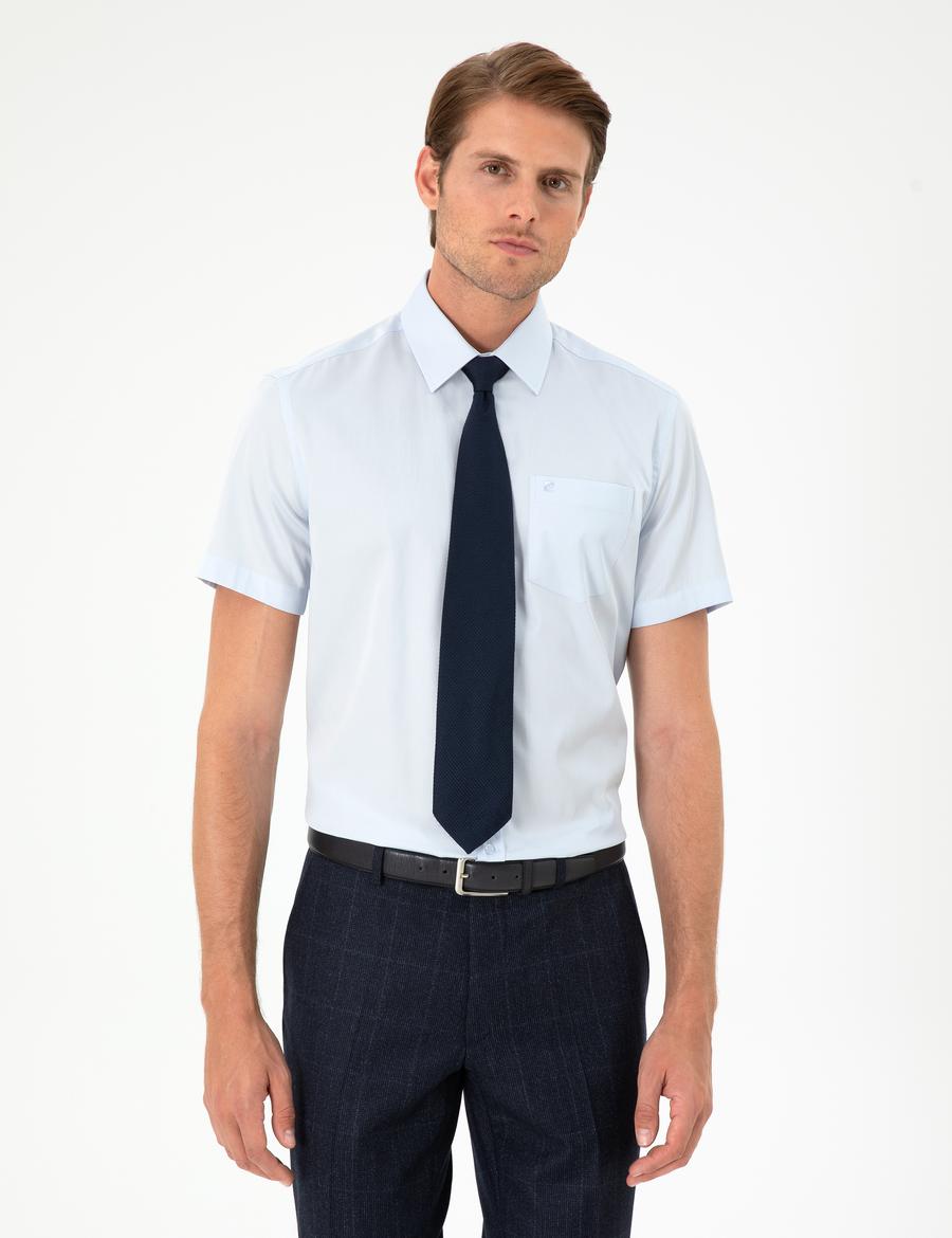 Açık Mavi Parlak Saten Regular Fit Kısa Kollu Basic Gömlek