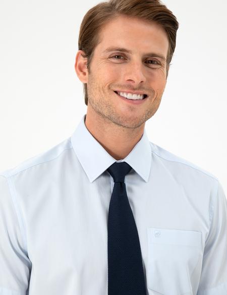 Açık Mavi Parlak Saten Regular Fit Kısa Kollu Basic Gömlek - 50286403007