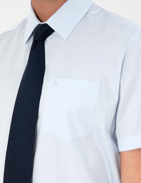 Açık Mavi Parlak Saten Regular Fit Kısa Kollu Basic Gömlek - 50286403007