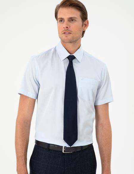 Açık Mavi Parlak Saten Regular Fit Kısa Kollu Basic Gömlek - 50286403007