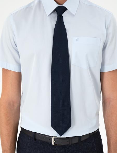 Açık Mavi Parlak Saten Regular Fit Kısa Kollu Basic Gömlek - 50286403007