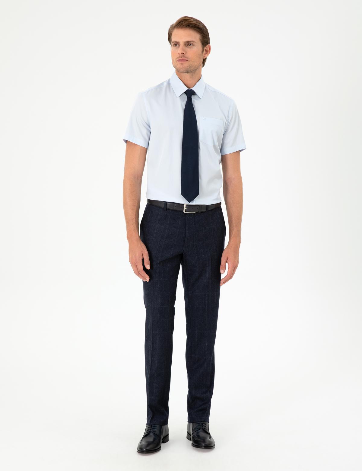 Açık Mavi Parlak Saten Regular Fit Kısa Kollu Basic Gömlek - 50286403007