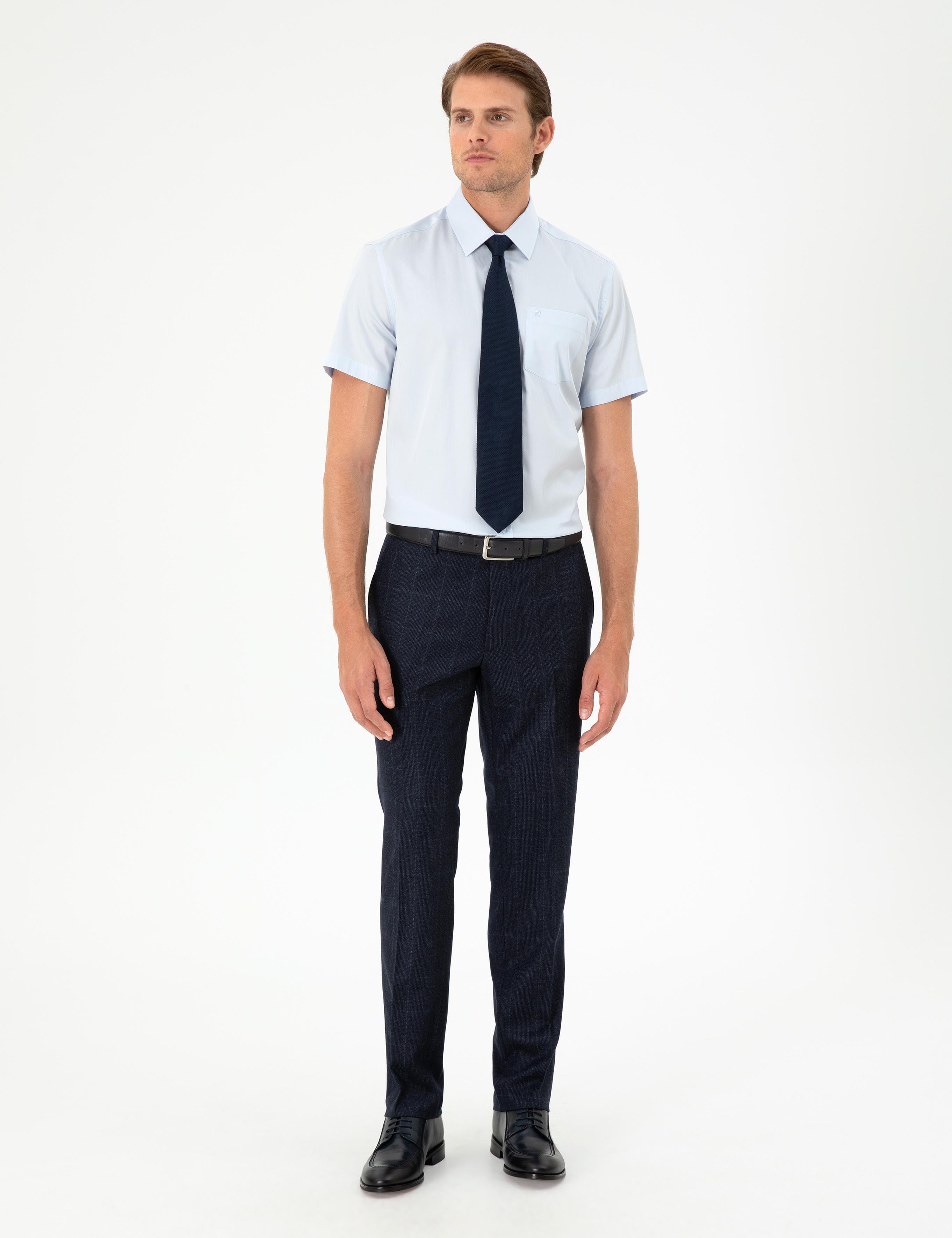 Açık Mavi Parlak Saten Regular Fit Kısa Kollu Basic Gömlek