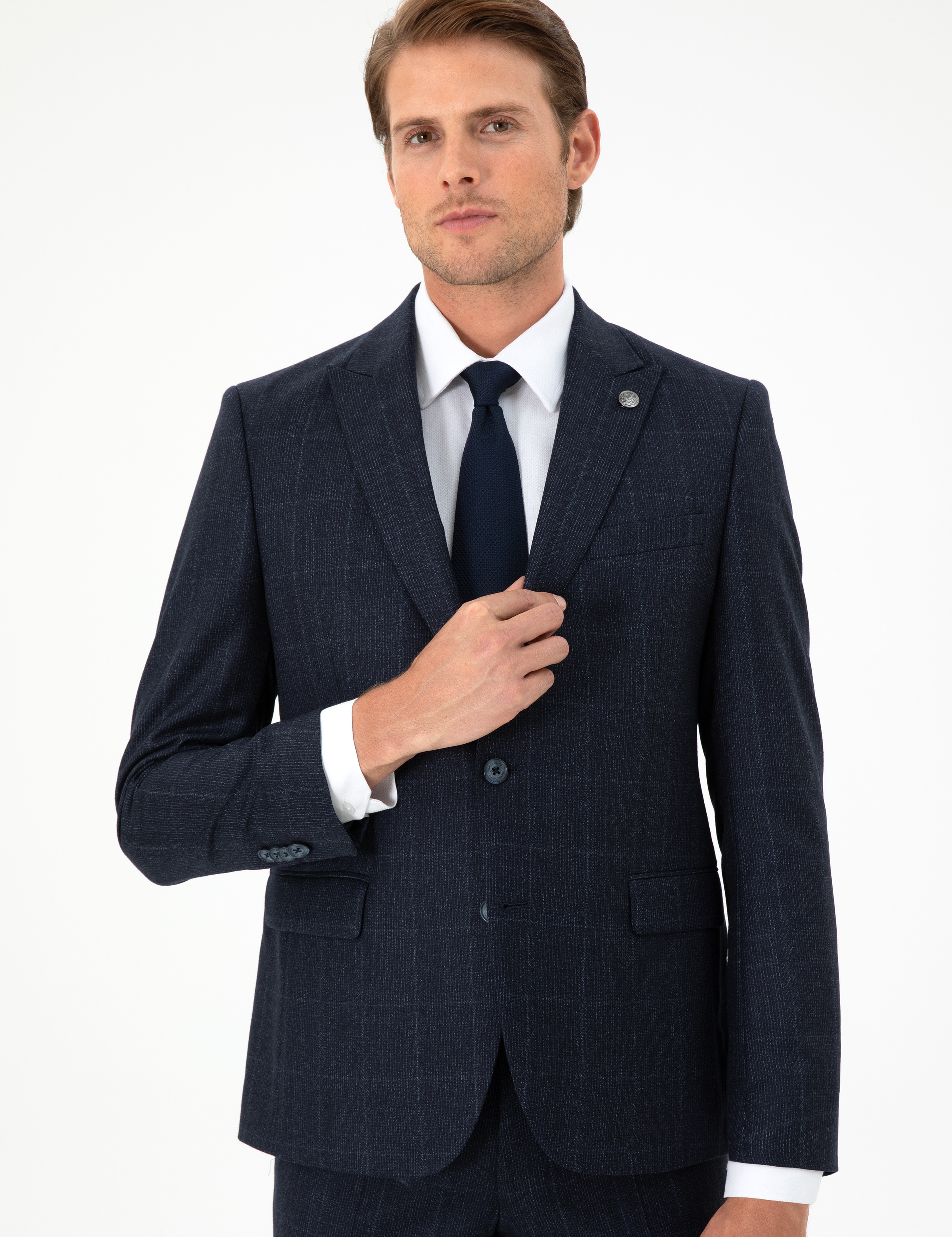 Lacivert Slim Fit Ekose Yün Takım Elbise - Image 3