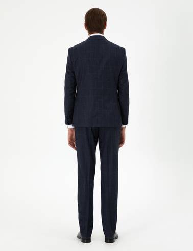 Lacivert Slim Fit Ekose Yün Takım Elbise