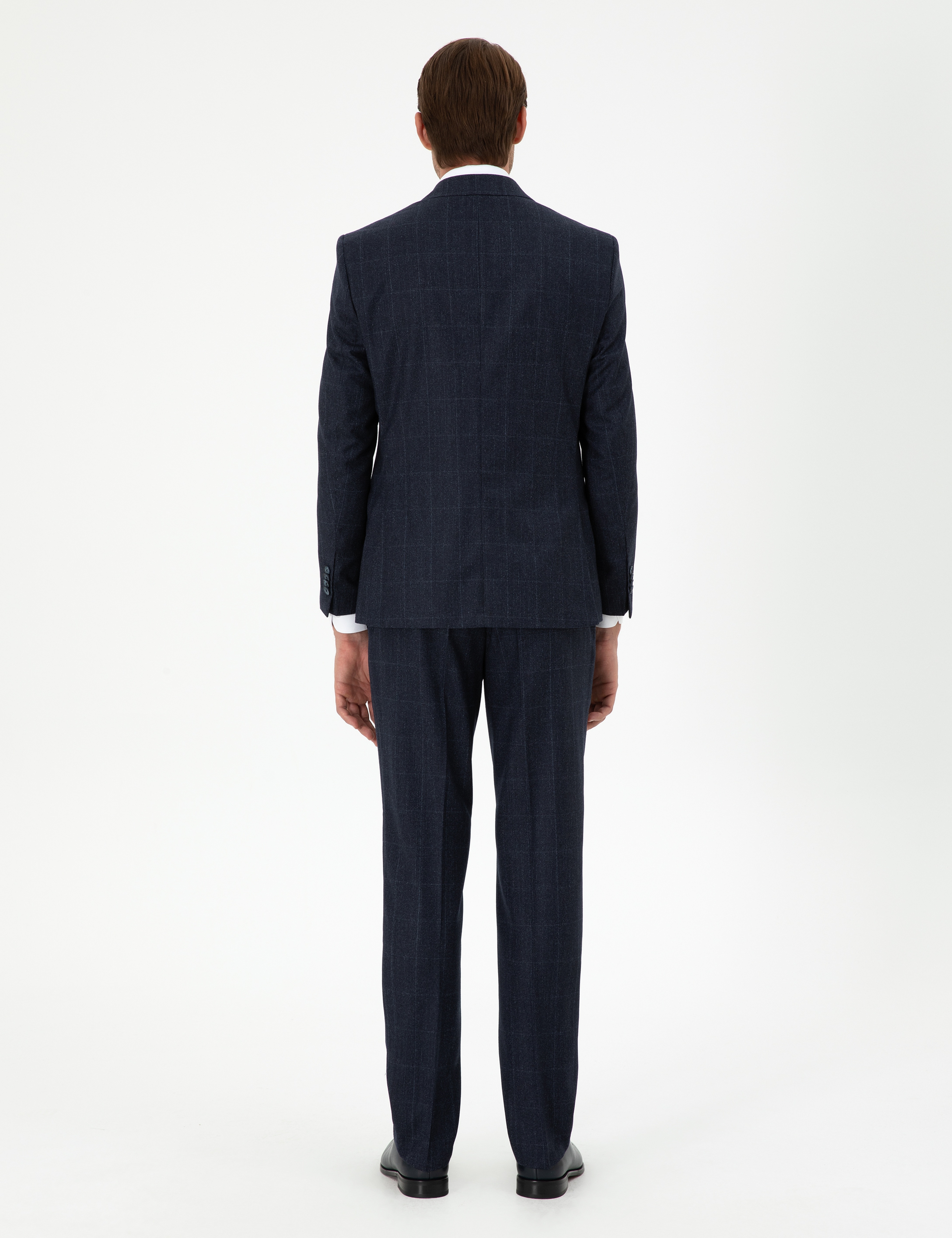 Lacivert Slim Fit Ekose Yün Takım Elbise - Image 5