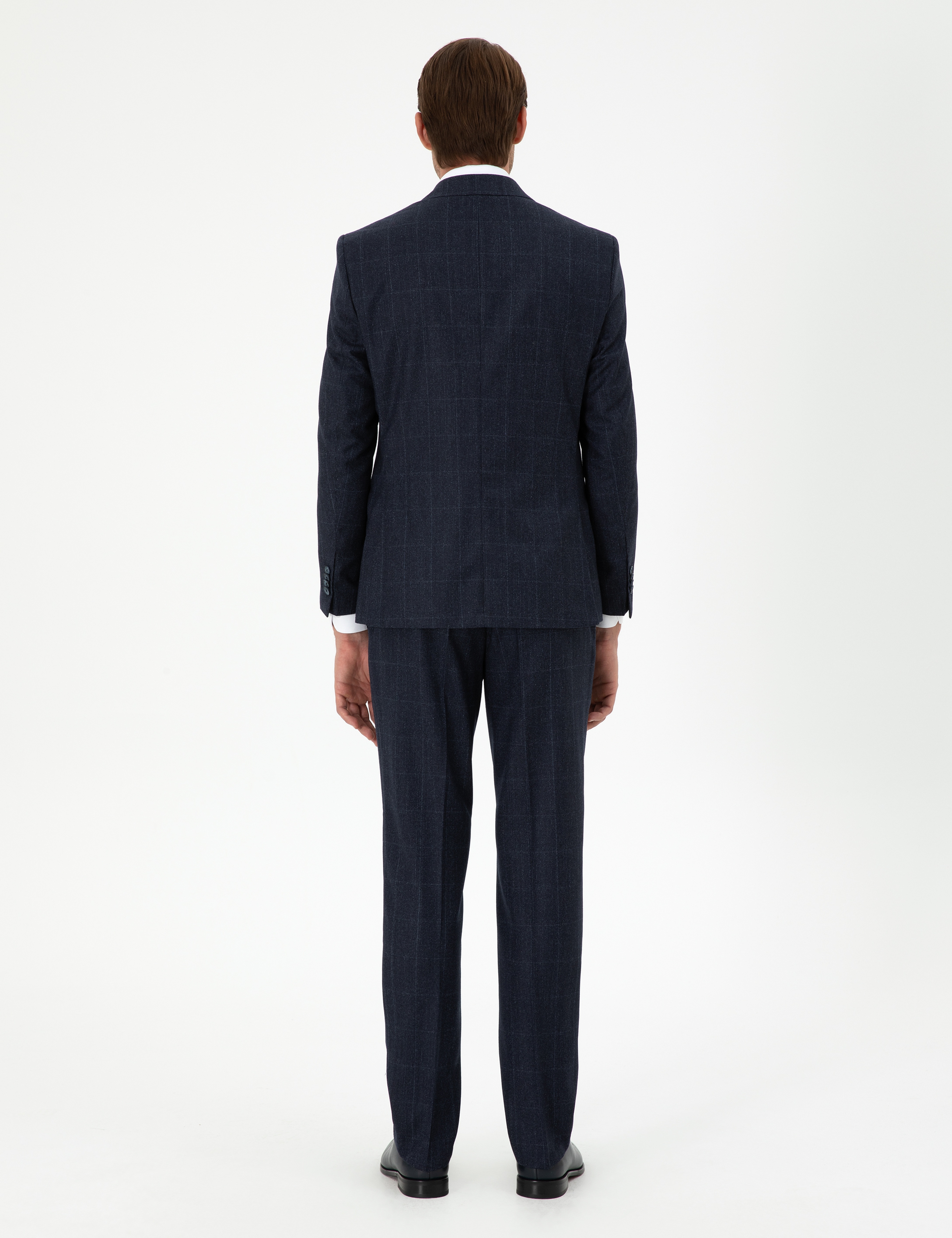 Lacivert Slim Fit Ekose Yün Takım Elbise