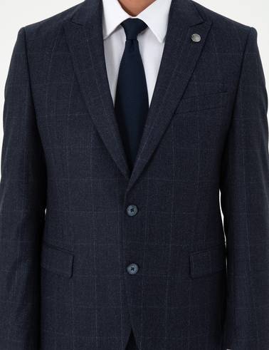 Lacivert Slim Fit Ekose Yün Takım Elbise
