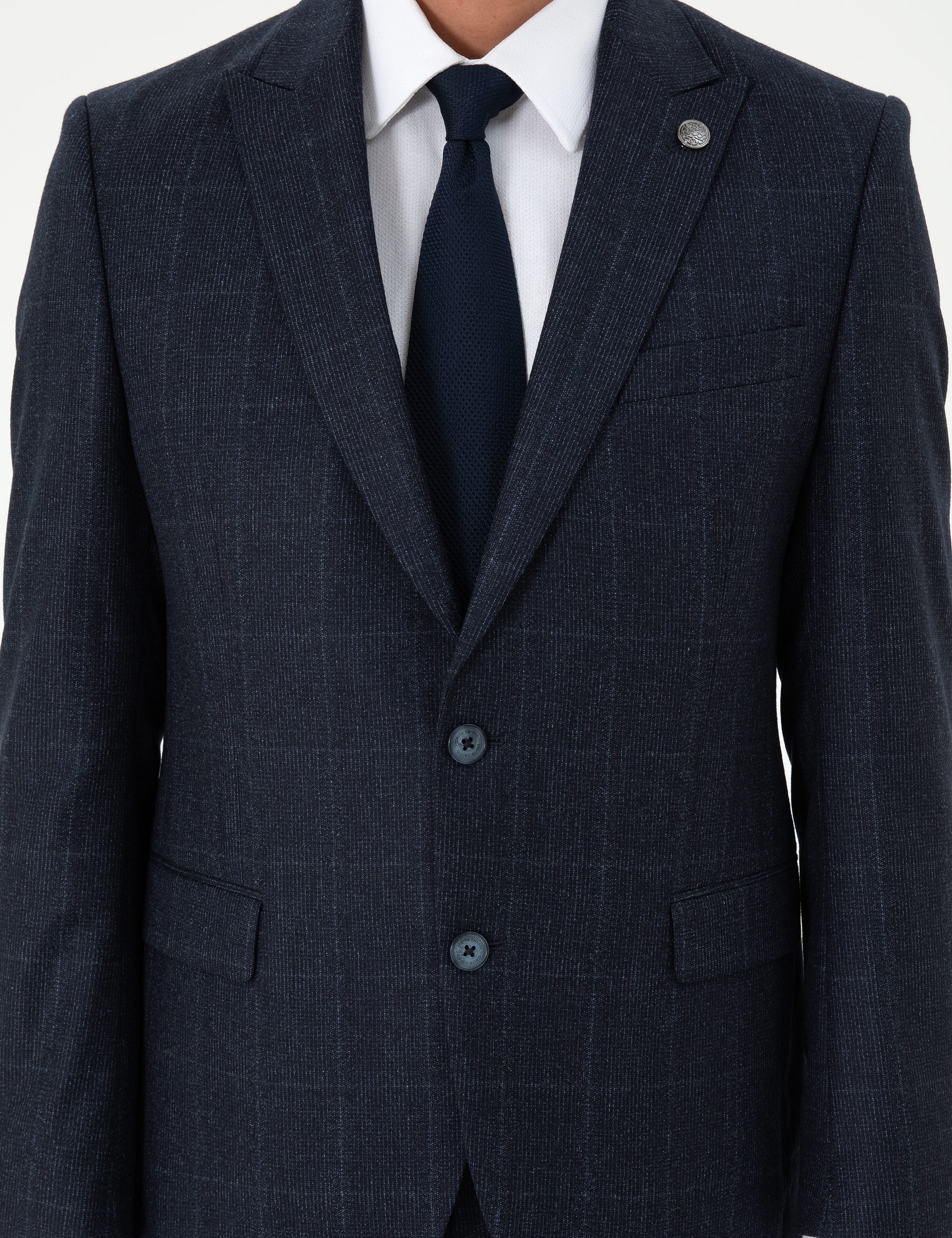 Lacivert Slim Fit Ekose Yün Takım Elbise - Image 7