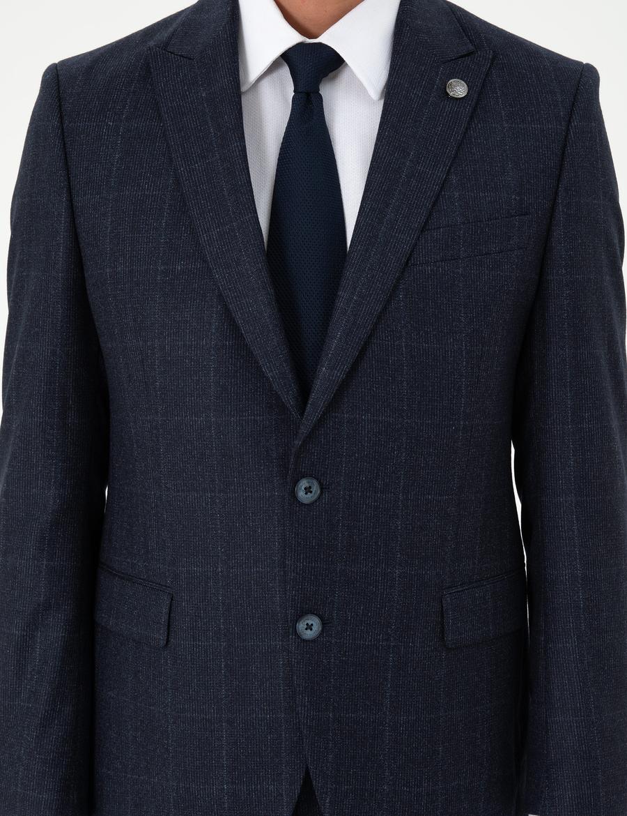 Lacivert Slim Fit Ekose Yün Takım Elbise